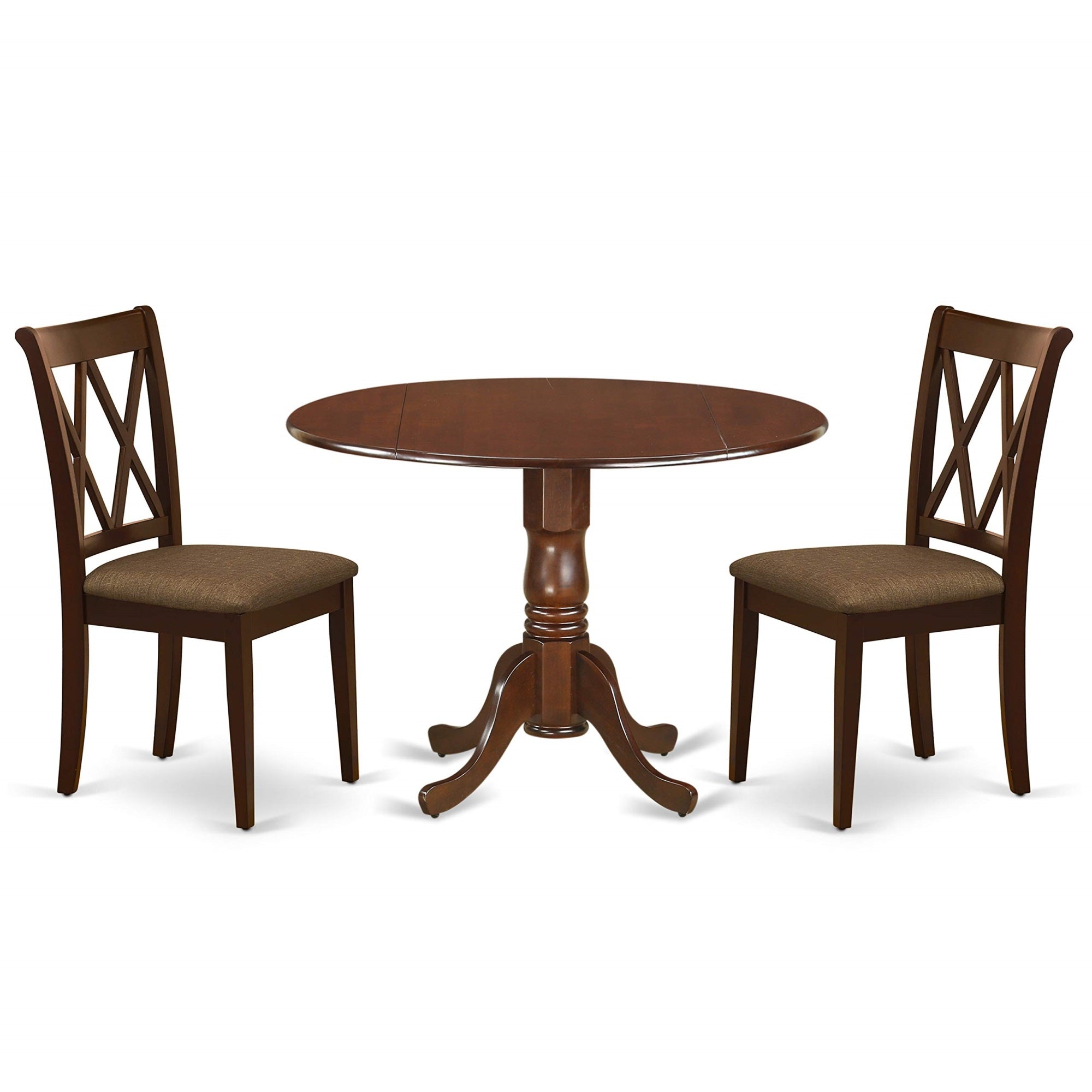 East West Furniture Dlcl3-Mah-C Dublin 3 Piece Set For Small Spaces Contains A Round Dining Room Table With Dropleaf And 2 Linen Fabric Upholstered Chairs, 42X42 Inch, Mahogany
