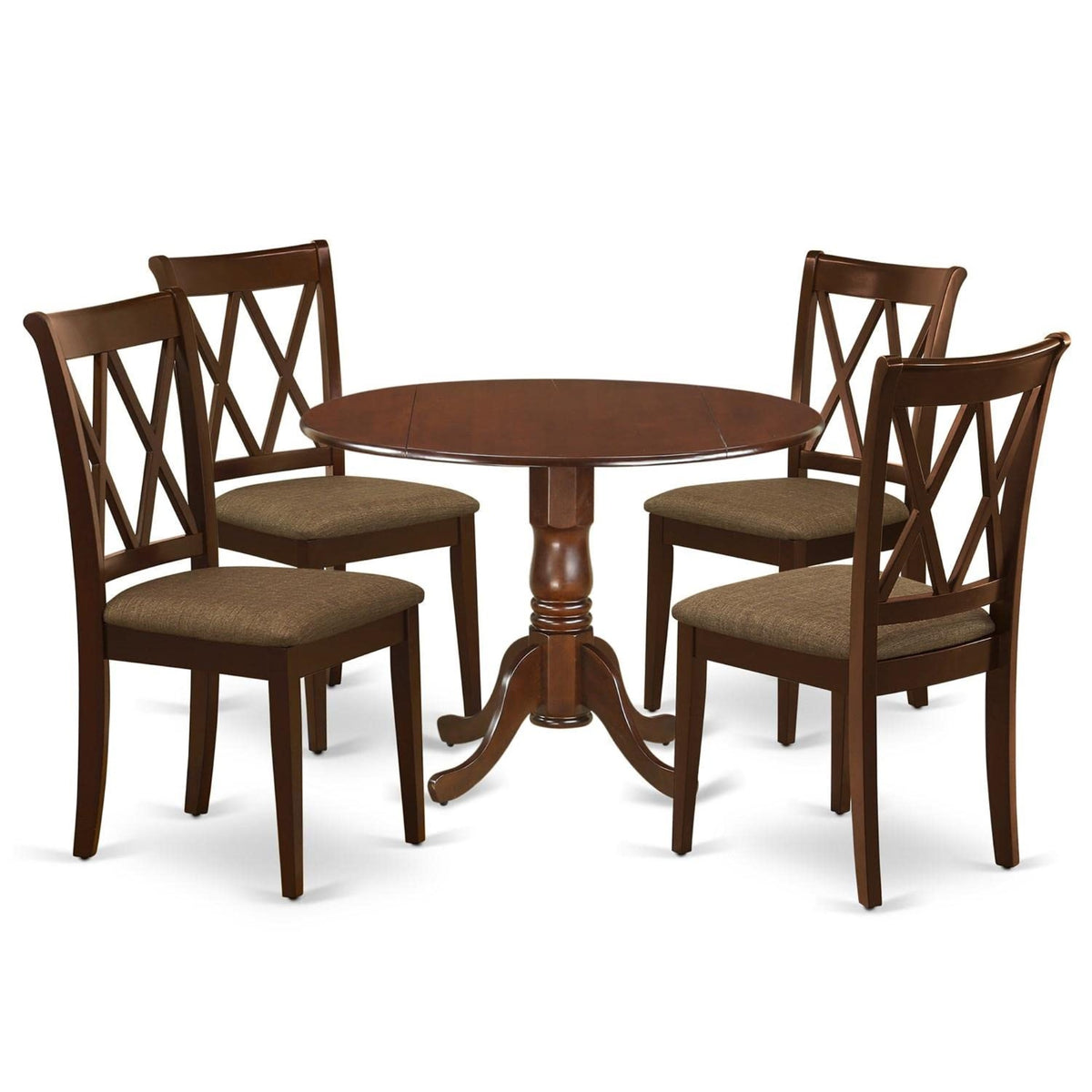 Casafoyer Dlcl5-Mah-C Dublin 5 Piece Modern Set Includes A Round Wooden Table With Dropleaf And 4 Linen Fabric Dining Room Chairs, 42X42 Inch, Mahogany