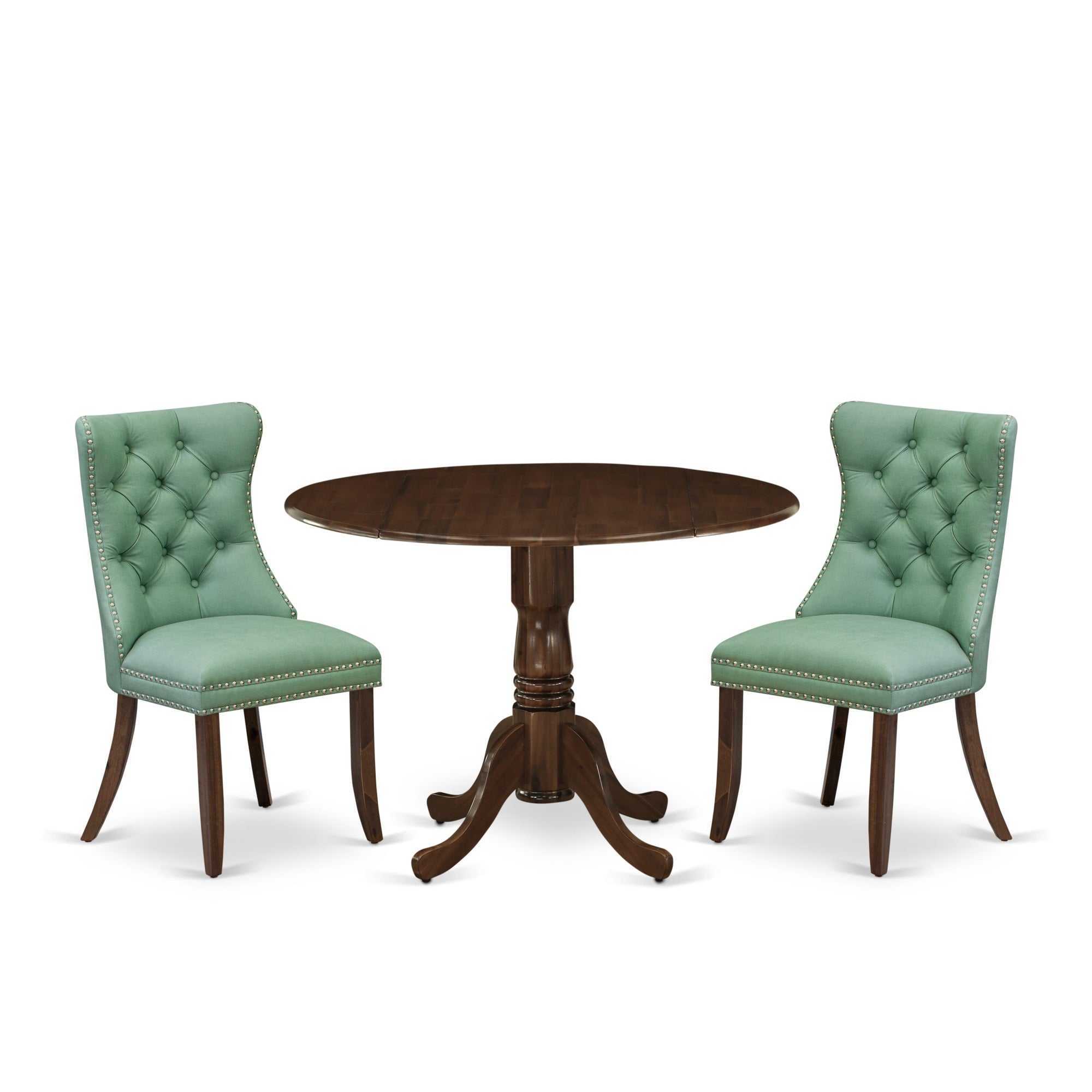 East West Furniture Dlda3-Awa-22 3 Piece Kitchen Table Set Contains A Round Dining Table With Dropleaf And 2 Upholstered Parson Chairs, 42X42 Inch, Antique Walnut
