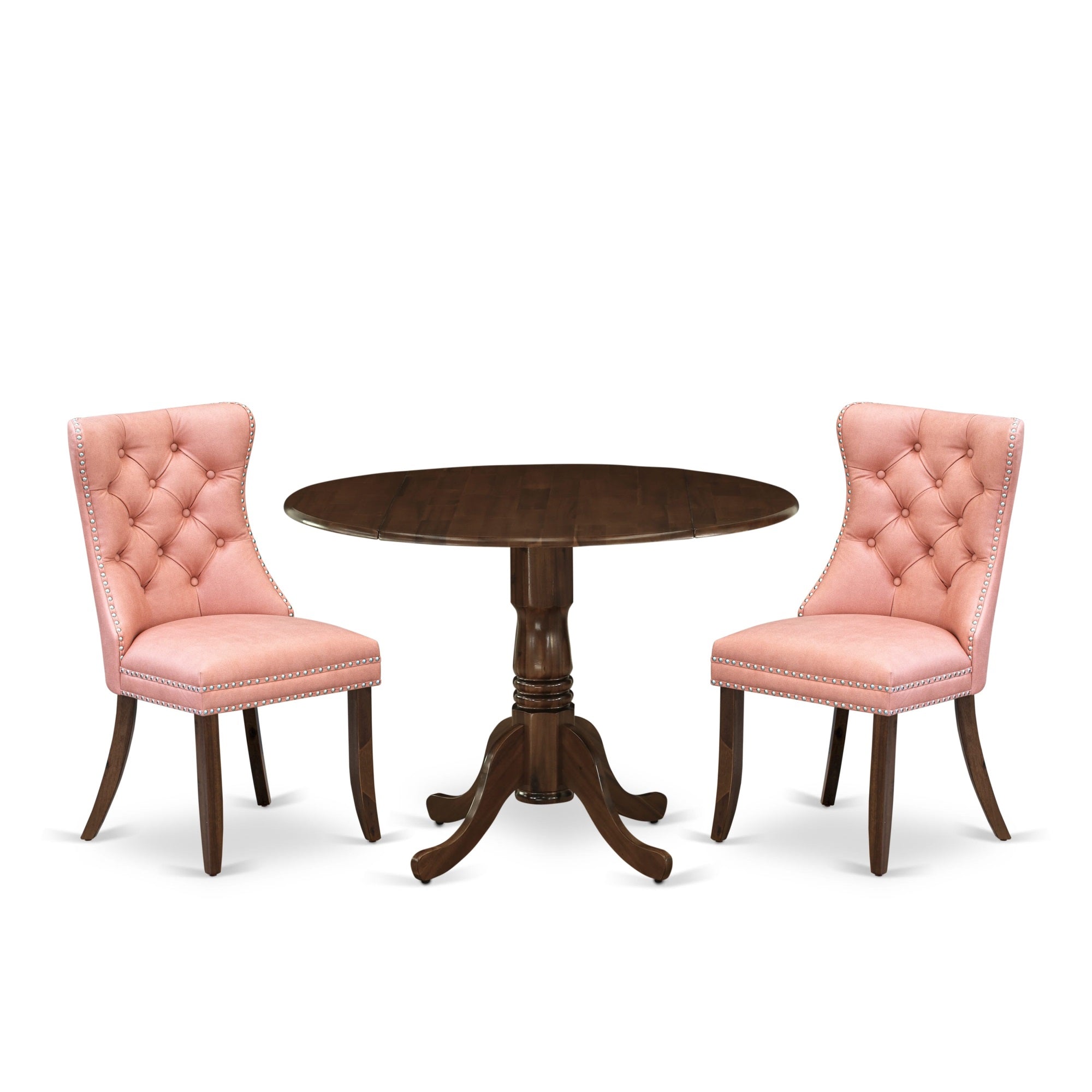 East West Furniture Dlda3-Awa-23 3 Piece Kitchen Table Set Includes A Round Dining Table With Dropleaf And 2 Upholstered Parson Chairs, 42X42 Inch, Antique Walnut