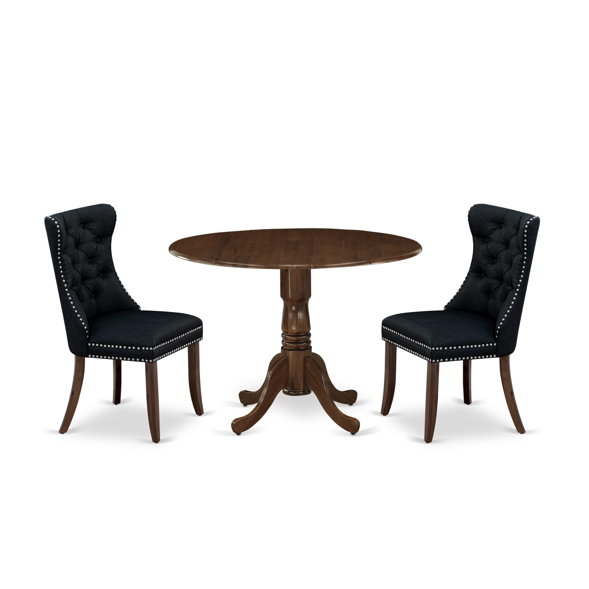 East West Furniture Dlda3-Awa-24 3 Piece Kitchen Table & Chairs Set Includes A Round Dining Table With Dropleaf And 2 Upholstered Chairs, 42X42 Inch, Antique Walnut