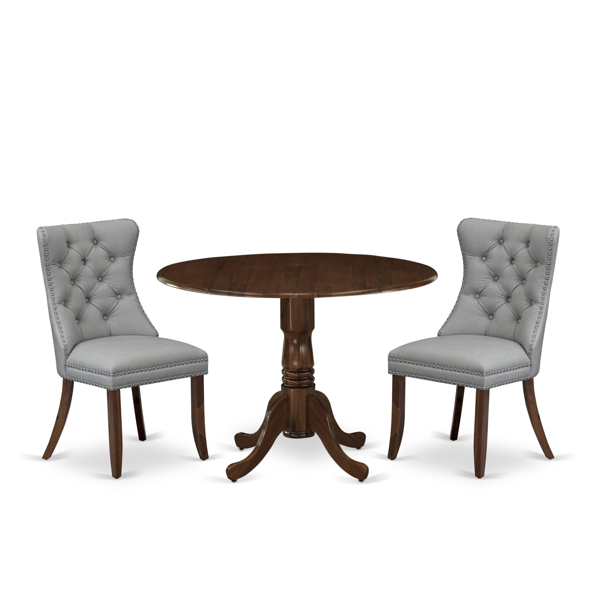 East West Furniture Dlda3-Awa-27 3 Piece Dining Table Set Contains A Round Kitchen Table With Dropleaf And 2 Upholstered Parson Chairs, 42X42 Inch, Antique Walnut