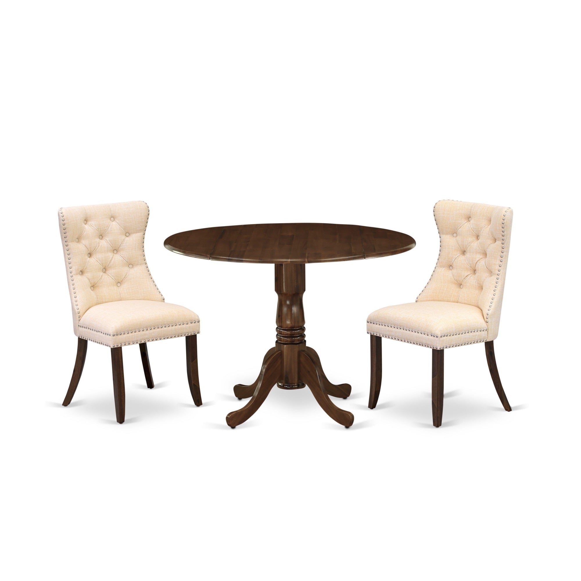 East West Furniture Dlda3-Awa-32 3 Piece Dining Table Set Contains A Round Kitchen Table With Dropleaf And 2 Upholstered Chairs, 42X42 Inch, Antique Walnut