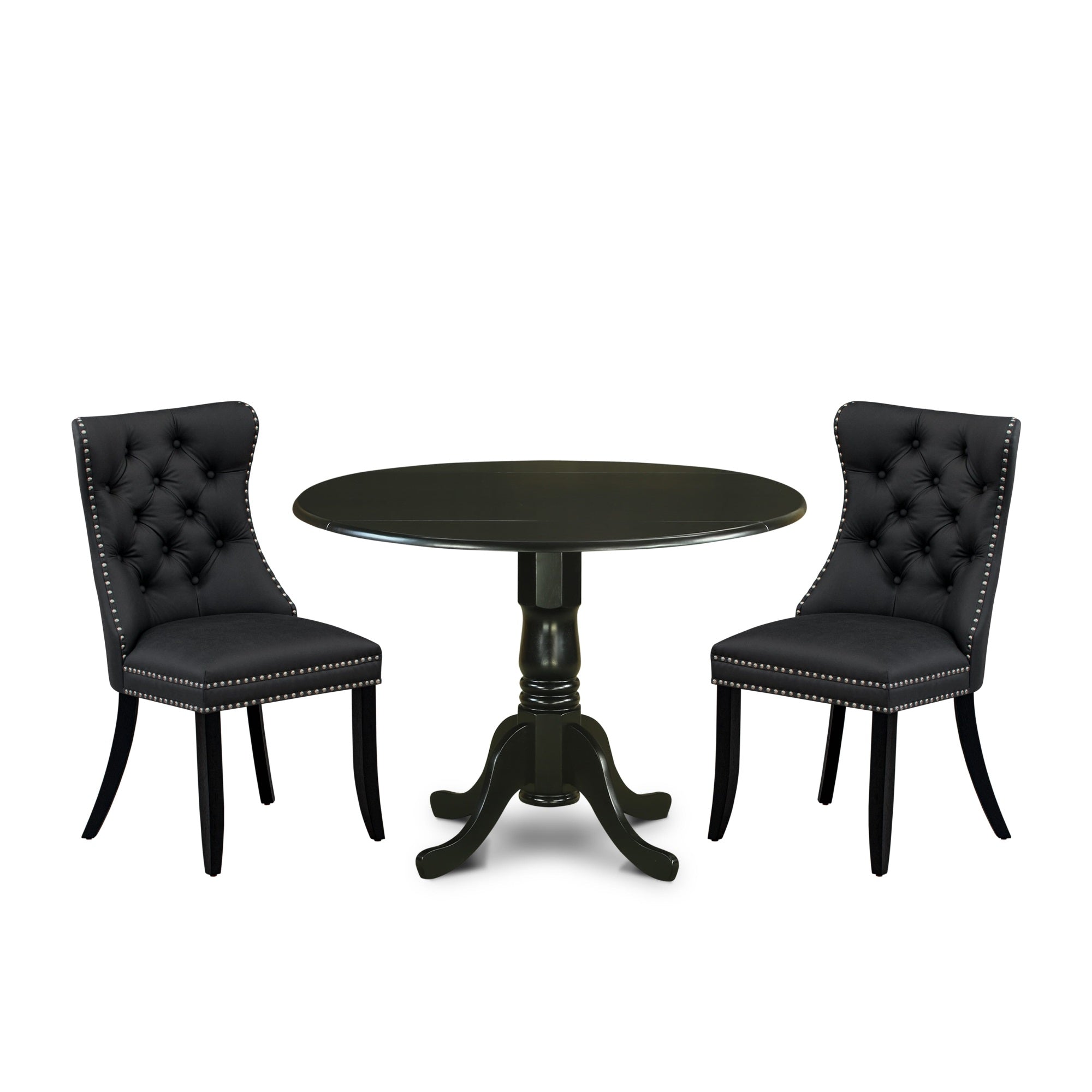 East West Furniture Dlda3-Blk-12 3 Piece Dining Table Set Contains A Round Kitchen Table With Dropleaf And 2 Upholstered Parson Chairs, 42X42 Inch, Black