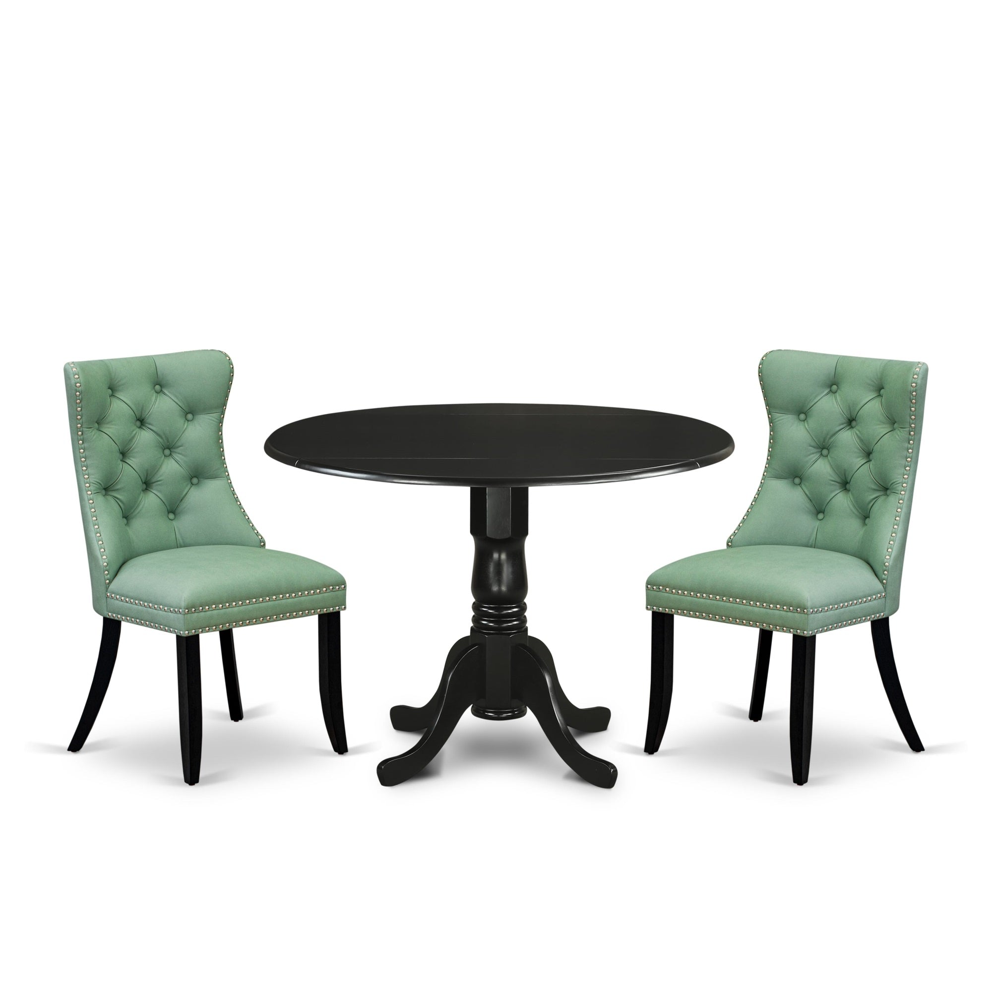 East West Furniture Dlda3-Blk-22 3 Piece Kitchen Table Set Consists Of A Round Dining Table With Dropleaf And 2 Upholstered Chairs, 42X42 Inch, Black
