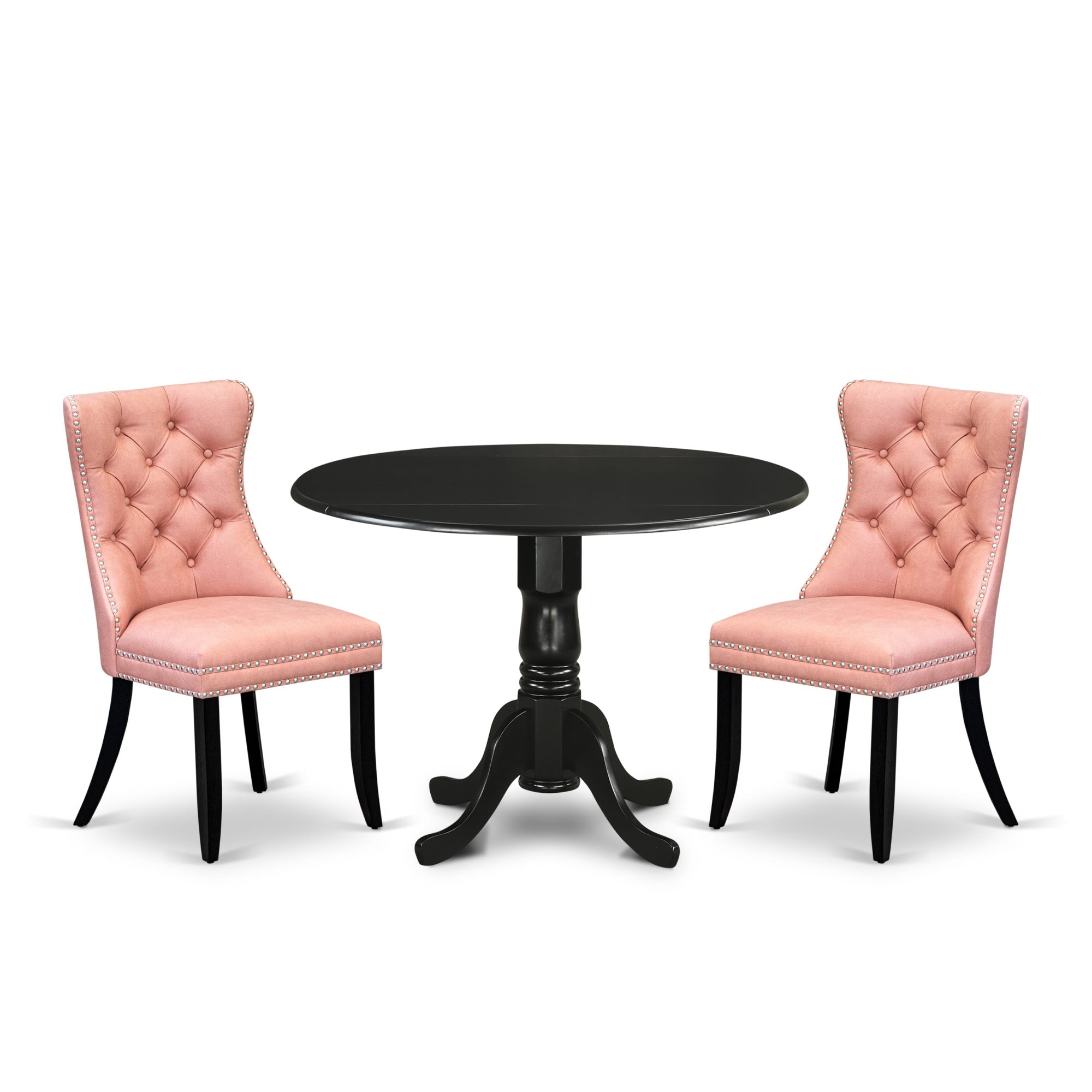 East West Furniture Dlda3-Blk-23 3 Piece Kitchen Table & Chairs Set Includes A Round Dining Table With Dropleaf And 2 Upholstered Chairs, 42X42 Inch, Black