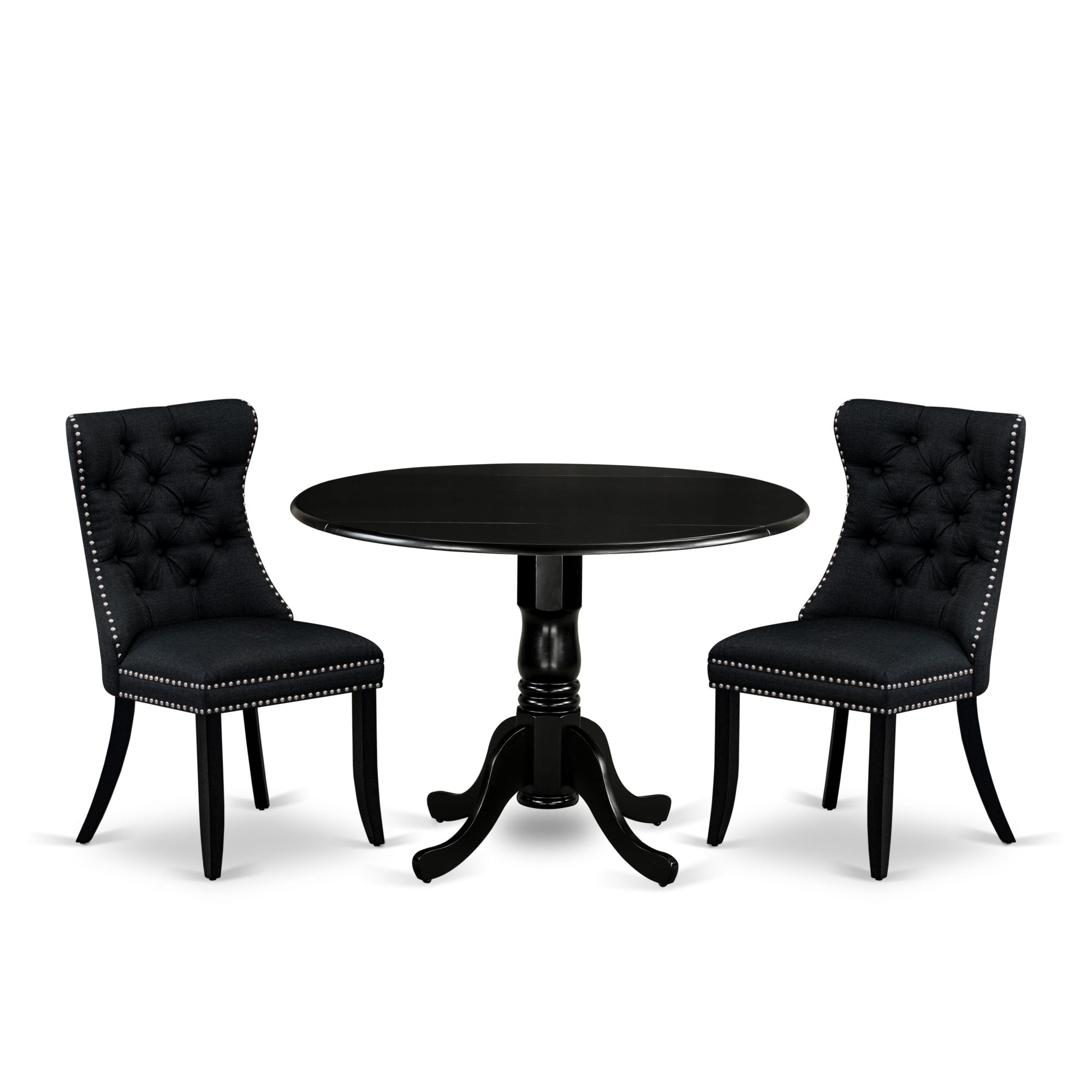 East West Furniture Dlda3-Blk-24 3 Piece Dining Set Includes A Round Kitchen Table With Dropleaf And 2 Upholstered Parson Chairs, 42X42 Inch, Black