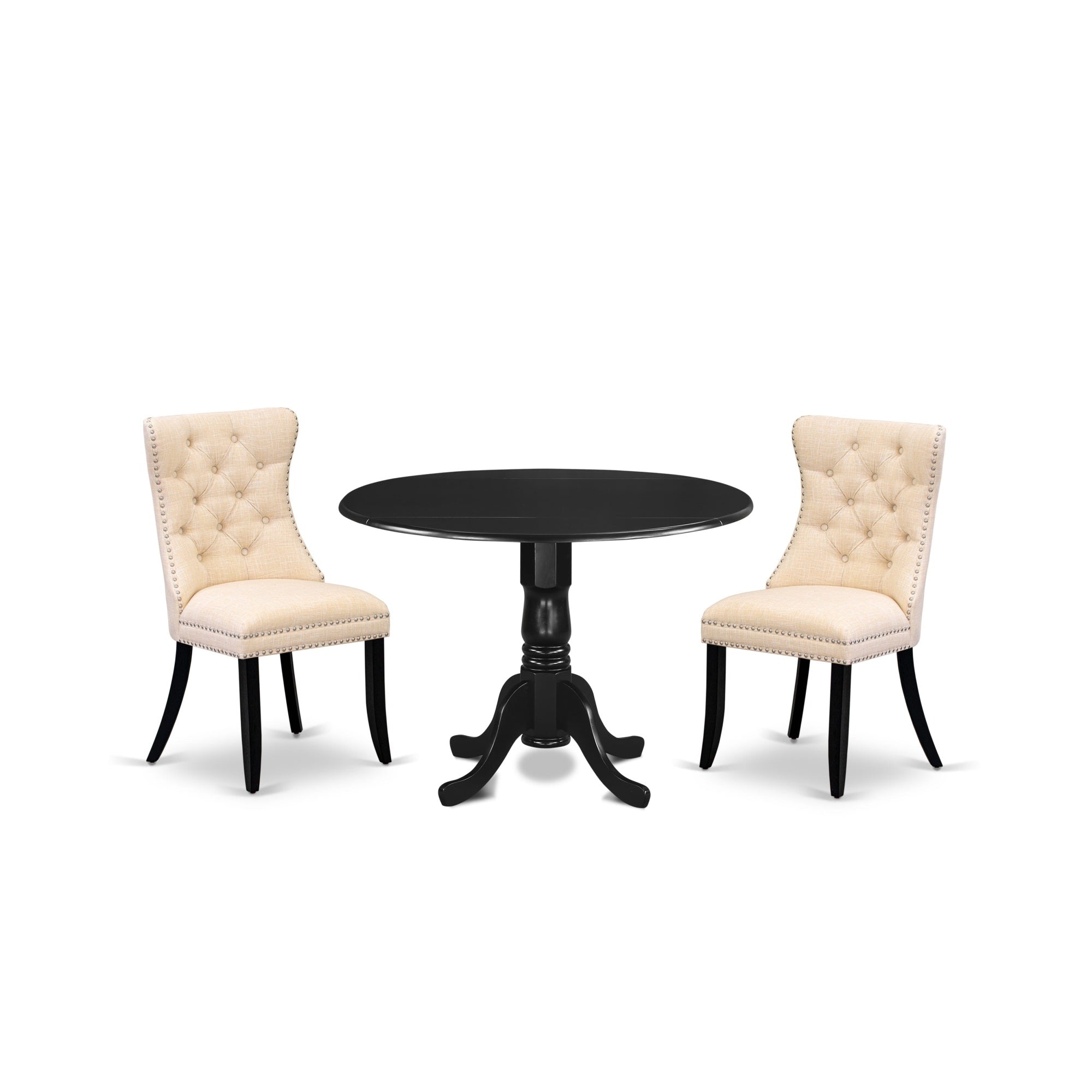 East West Furniture Dlda3-Blk-32 3 Piece Dining Table Set Includes A Round Kitchen Table With Dropleaf And 2 Upholstered Chairs, 42X42 Inch, Black