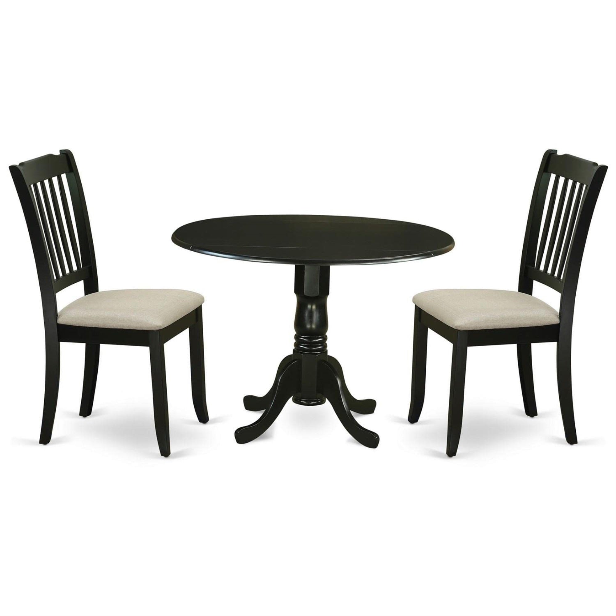 Casafoyer Dlda3-Blk-C Dublin 3 Piece Set Contains A Round Dining Room Table With Dropleaf And 2 Linen Fabric Upholstered Kitchen Chairs, 42X42 Inch, Black
