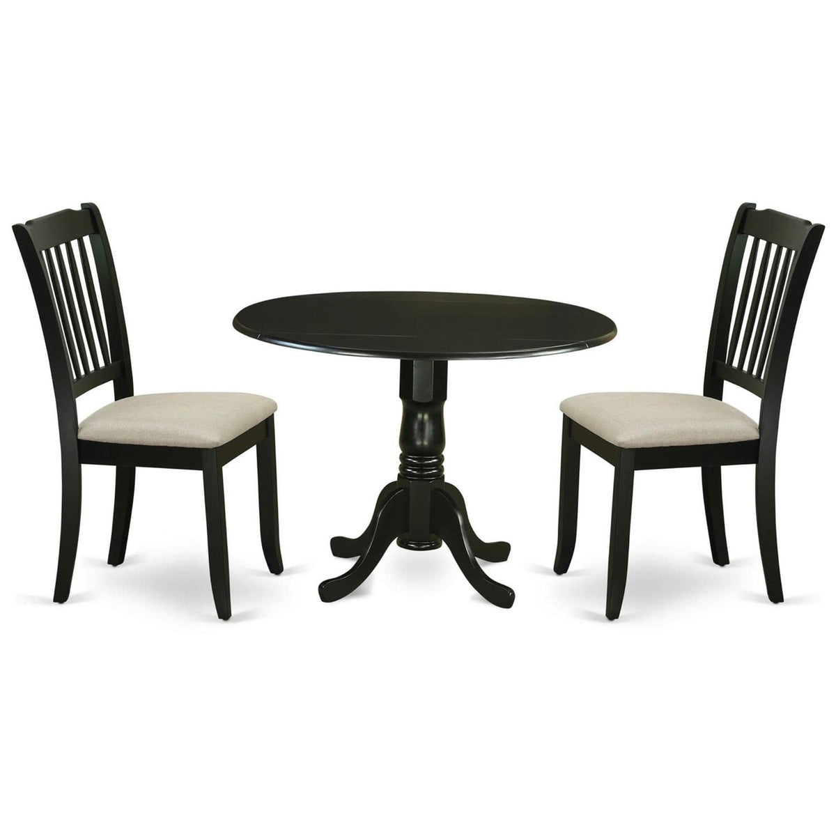 Casafoyer Dlda3-Blk-C Dublin 3 Piece Set Contains A Round Dining Room Table With Dropleaf And 2 Linen Fabric Upholstered Kitchen Chairs, 42X42 Inch, Black