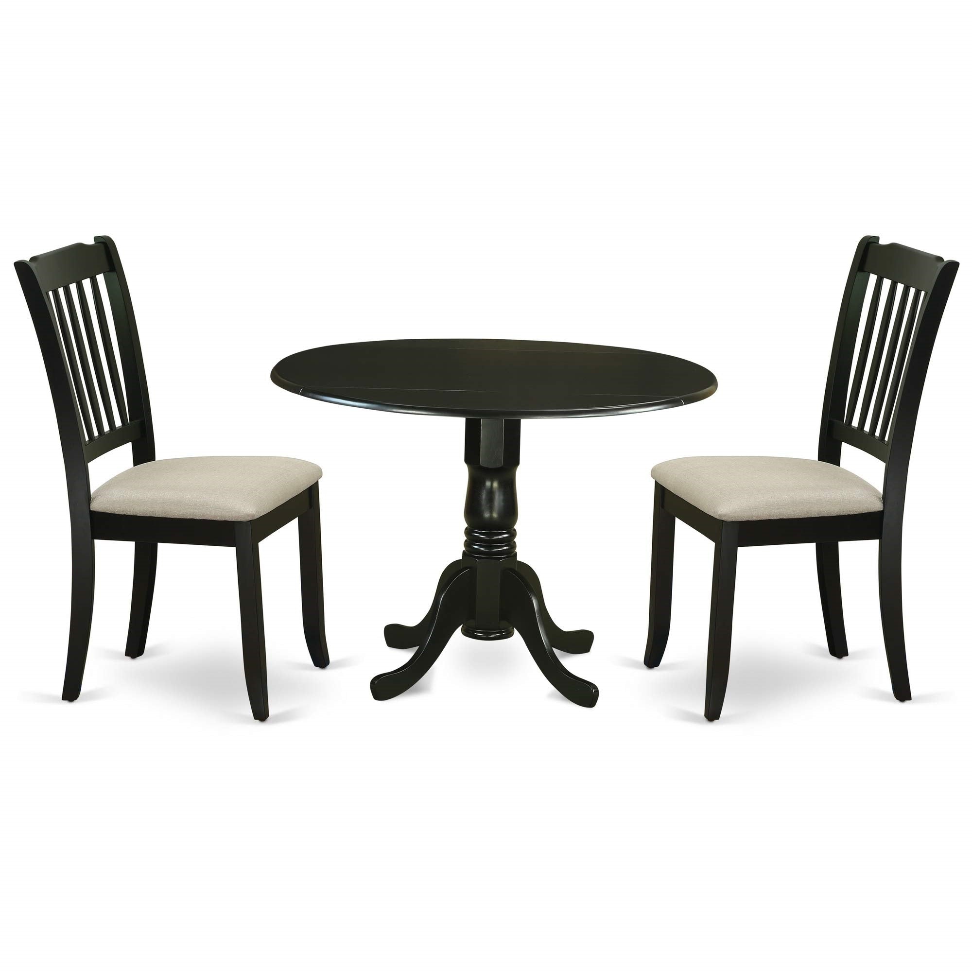 East West Furniture Dlda3-Blk-C Dublin 3 Piece Set Contains A Round Dining Room Table With Dropleaf And 2 Linen Fabric Upholstered Kitchen Chairs, 42X42 Inch, Black