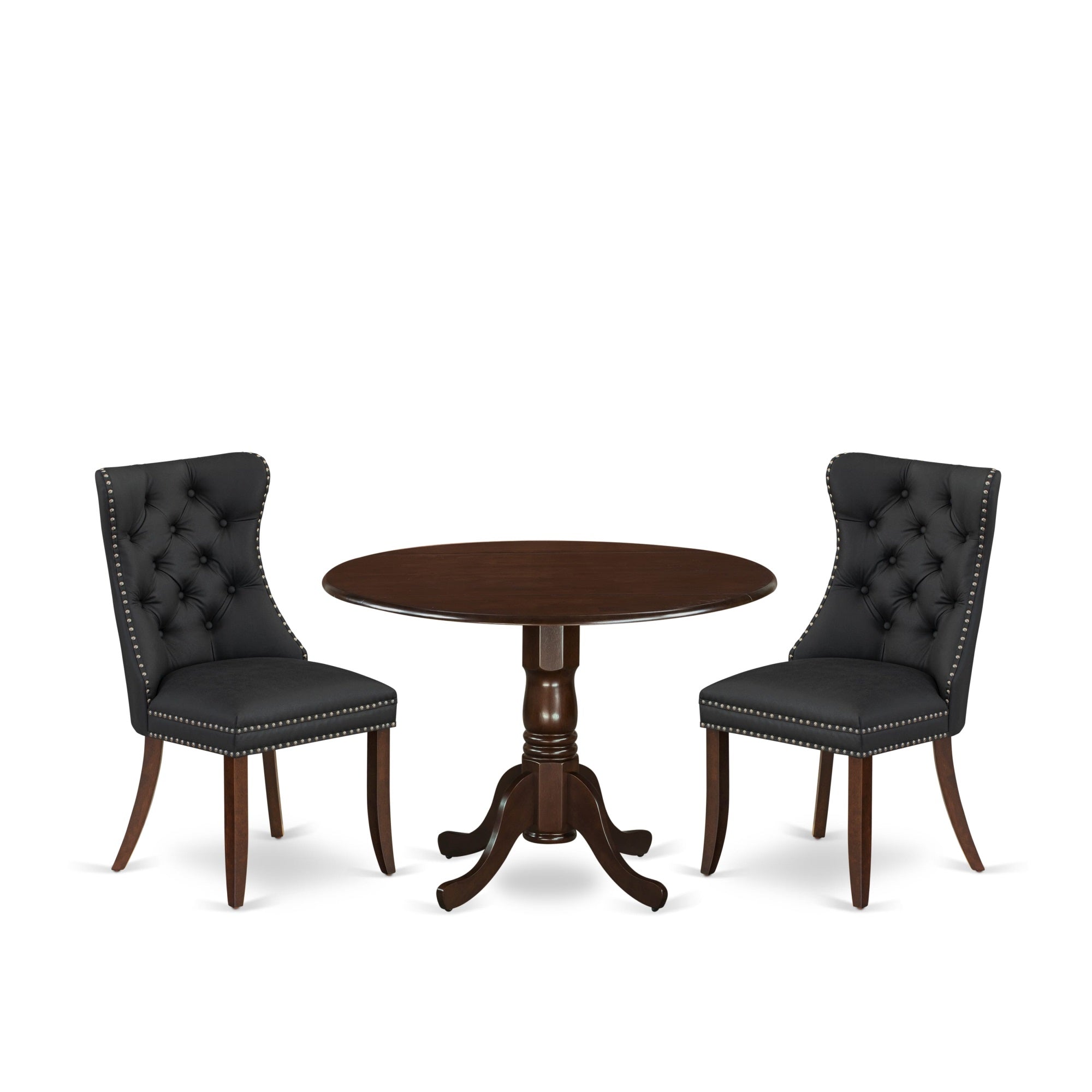 East West Furniture Dlda3-Mah-12 3 Piece Dining Table Set Includes A Round Kitchen Table With Dropleaf And 2 Upholstered Parson Chairs, 42X42 Inch, Mahogany