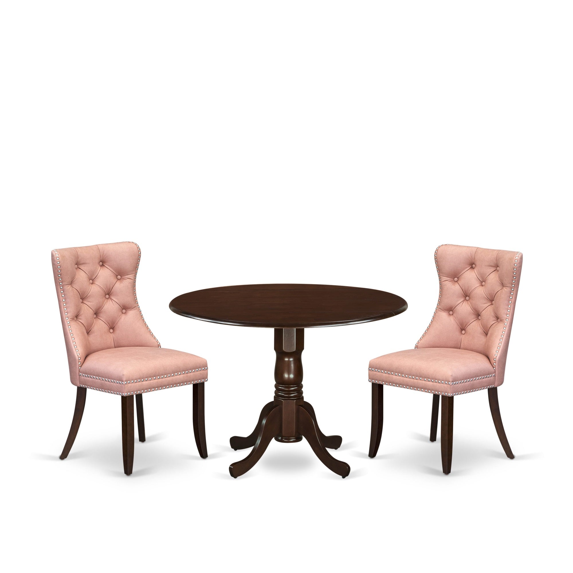 East West Furniture Dlda3-Mah-23 3 Piece Dining Set Includes A Round Kitchen Table With Dropleaf And 2 Upholstered Parson Chairs, 42X42 Inch, Mahogany