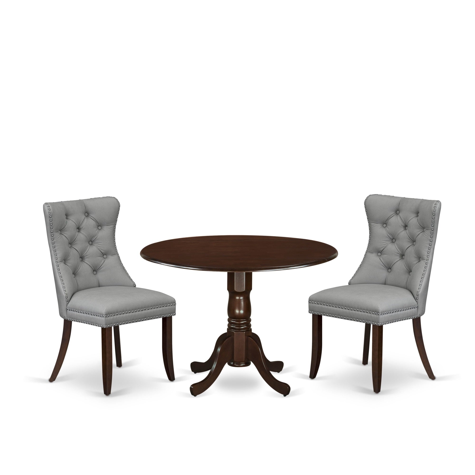 East West Furniture Dlda3-Mah-27 3 Piece Kitchen Table Set Includes A Round Dining Table With Dropleaf And 2 Parson Chairs, 42X42 Inch, Mahogany