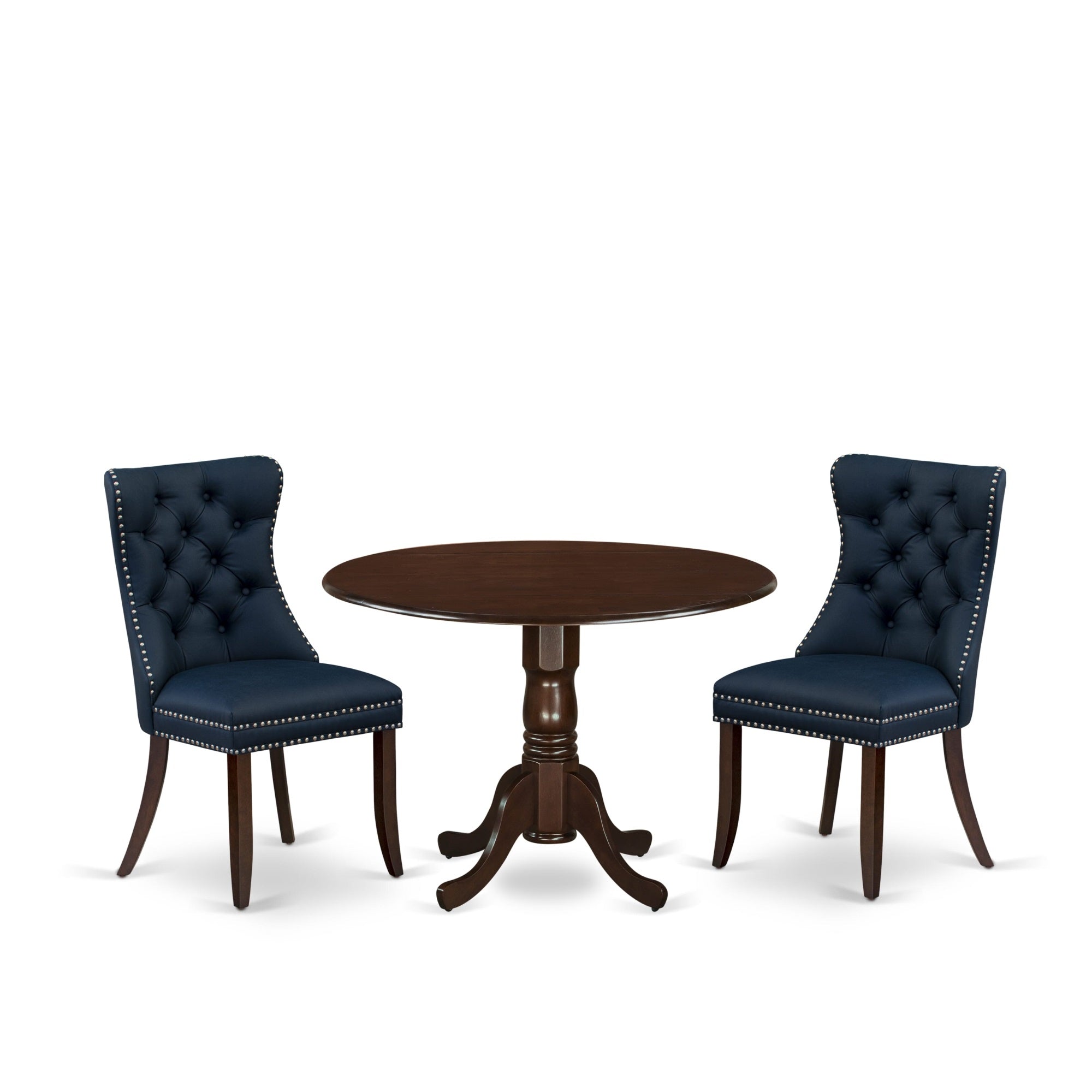 East West Furniture Dlda3-Mah-29 3 Piece Modern Dining Table Set Consists Of A Round Kitchen Table With Dropleaf And 2 Padded Chairs, 42X42 Inch, Mahogany