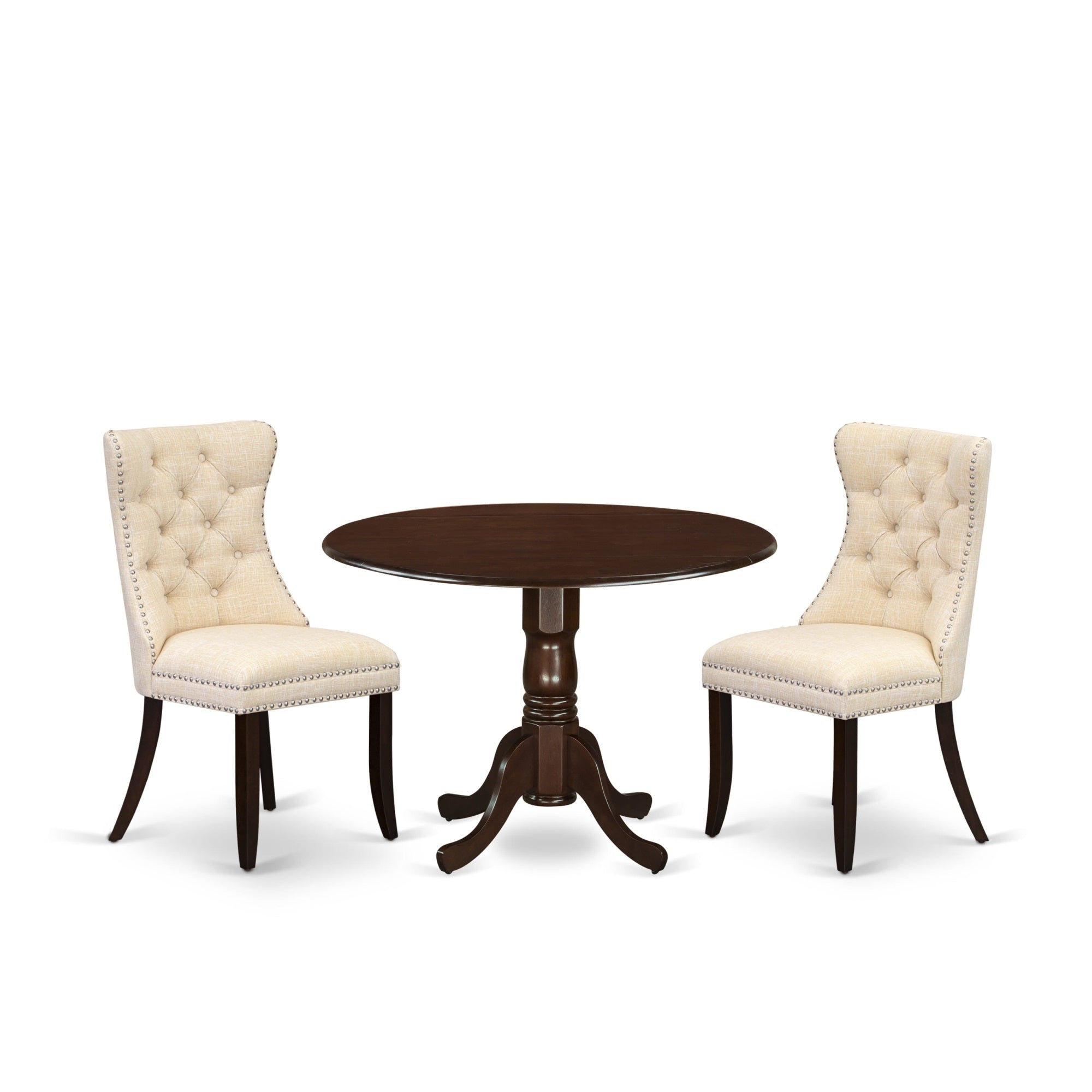 East West Furniture Dlda3-Mah-32 3 Piece Modern Dining Table Set Includes A Round Kitchen Table With Dropleaf And 2 Padded Chairs, 42X42 Inch, Mahogany
