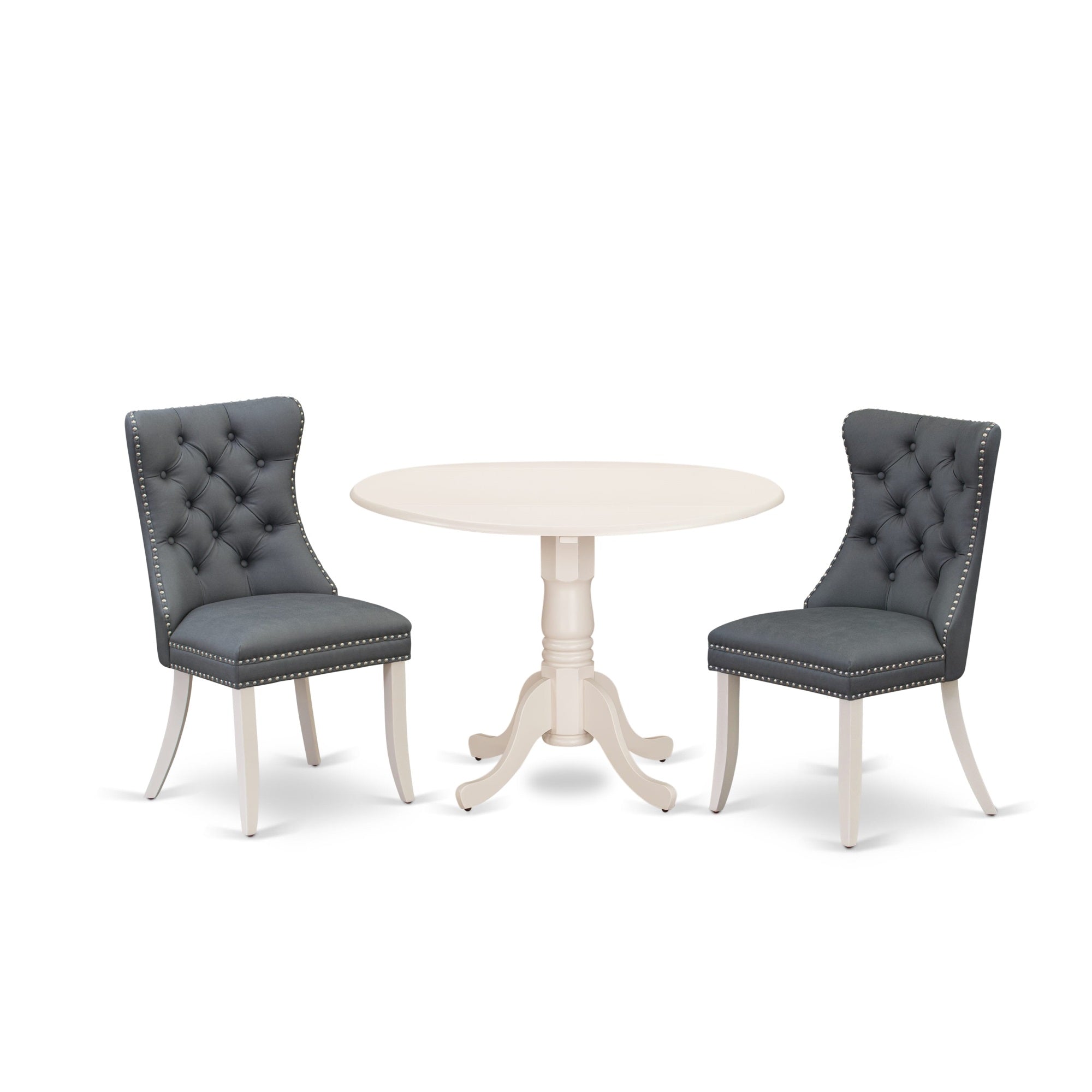 East West Furniture Dlda3-Whi-13 3 Piece Modern Dining Table Set Consists Of A Round Kitchen Table With Dropleaf And 2 Upholstered Parson Chairs, 42X42 Inch, Linen White