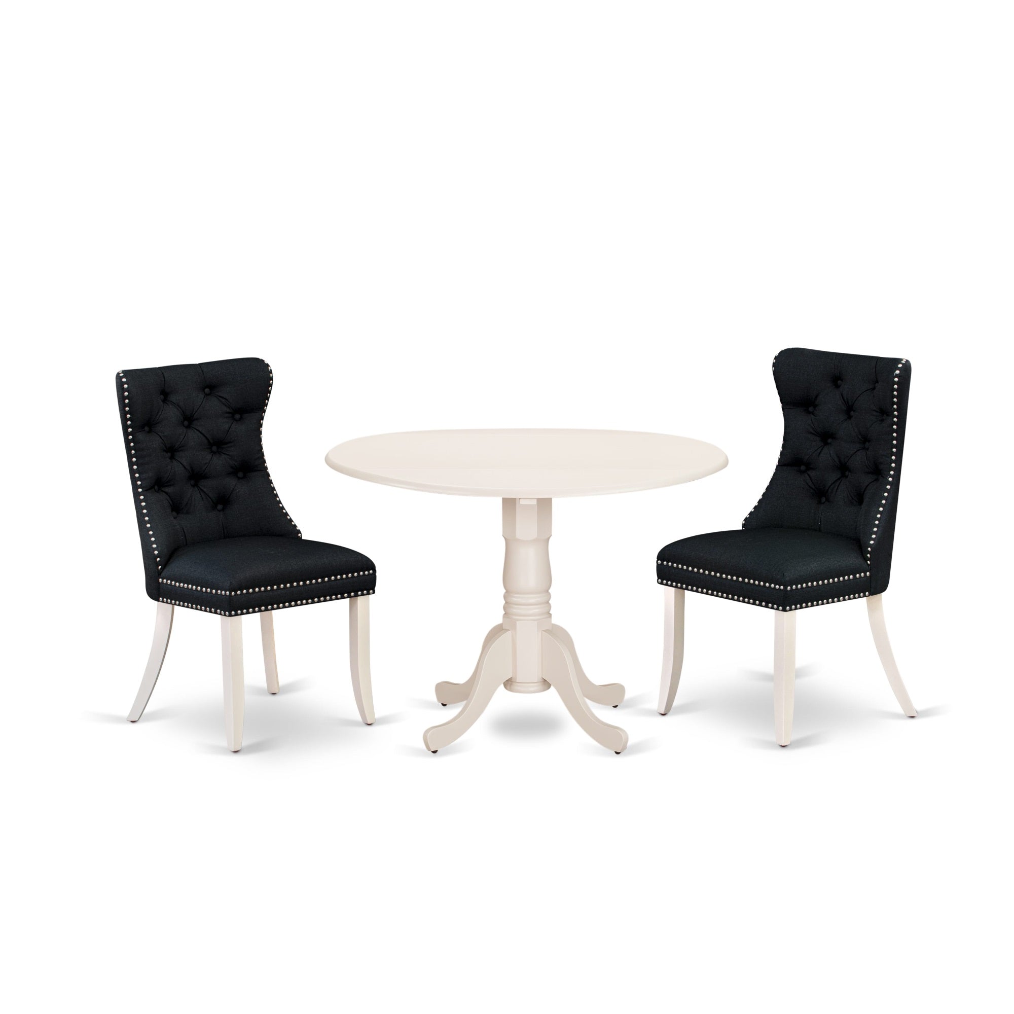 East West Furniture Dlda3-Whi-24 3 Piece Kitchen Table & Chairs Set Includes A Round Dining Table With Dropleaf And 2 Upholstered Chairs, 42X42 Inch, Linen White