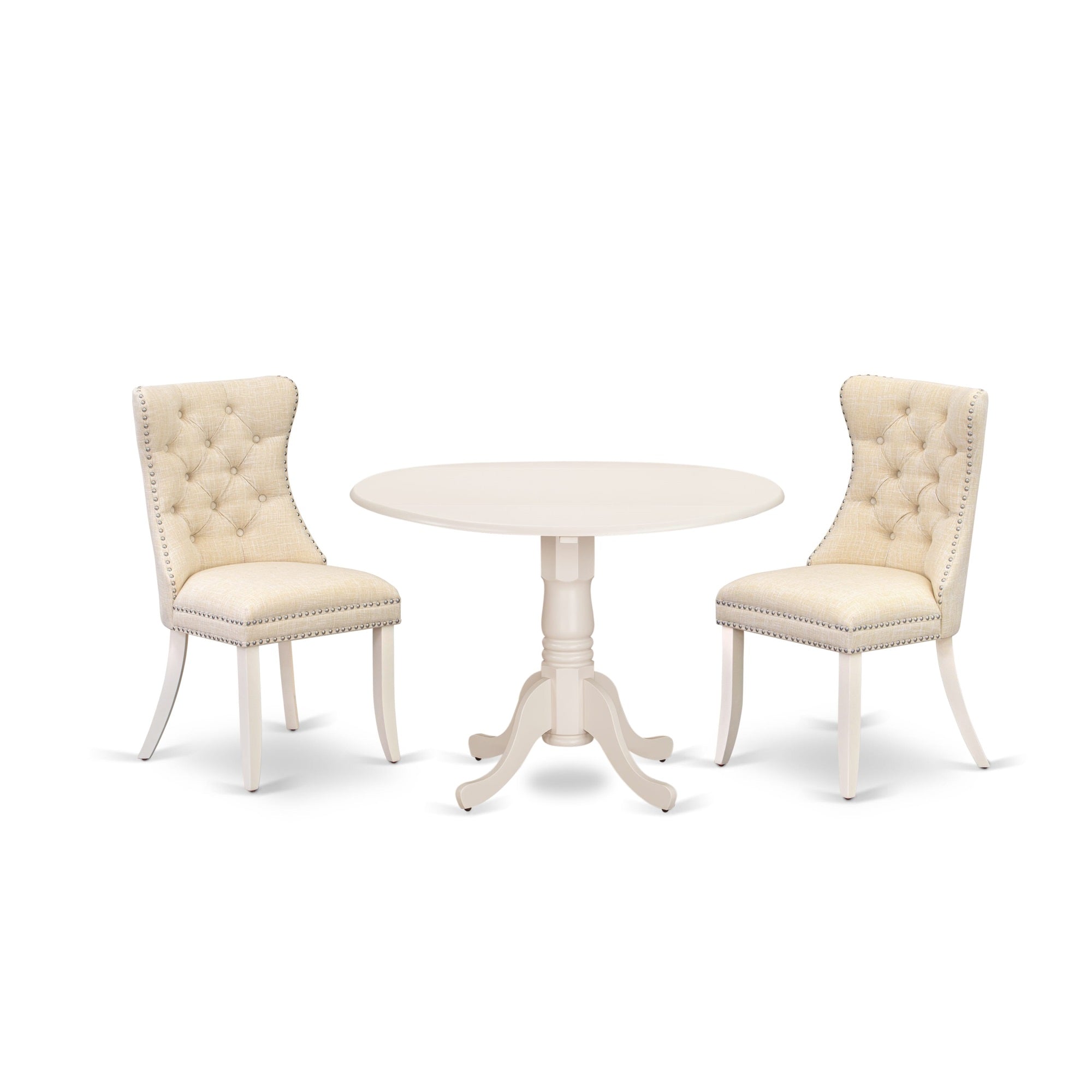 East West Furniture Dlda3-Whi-32 3 Piece Dining Table Set Contains A Round Kitchen Table With Dropleaf And 2 Padded Chairs, 42X42 Inch, Linen White