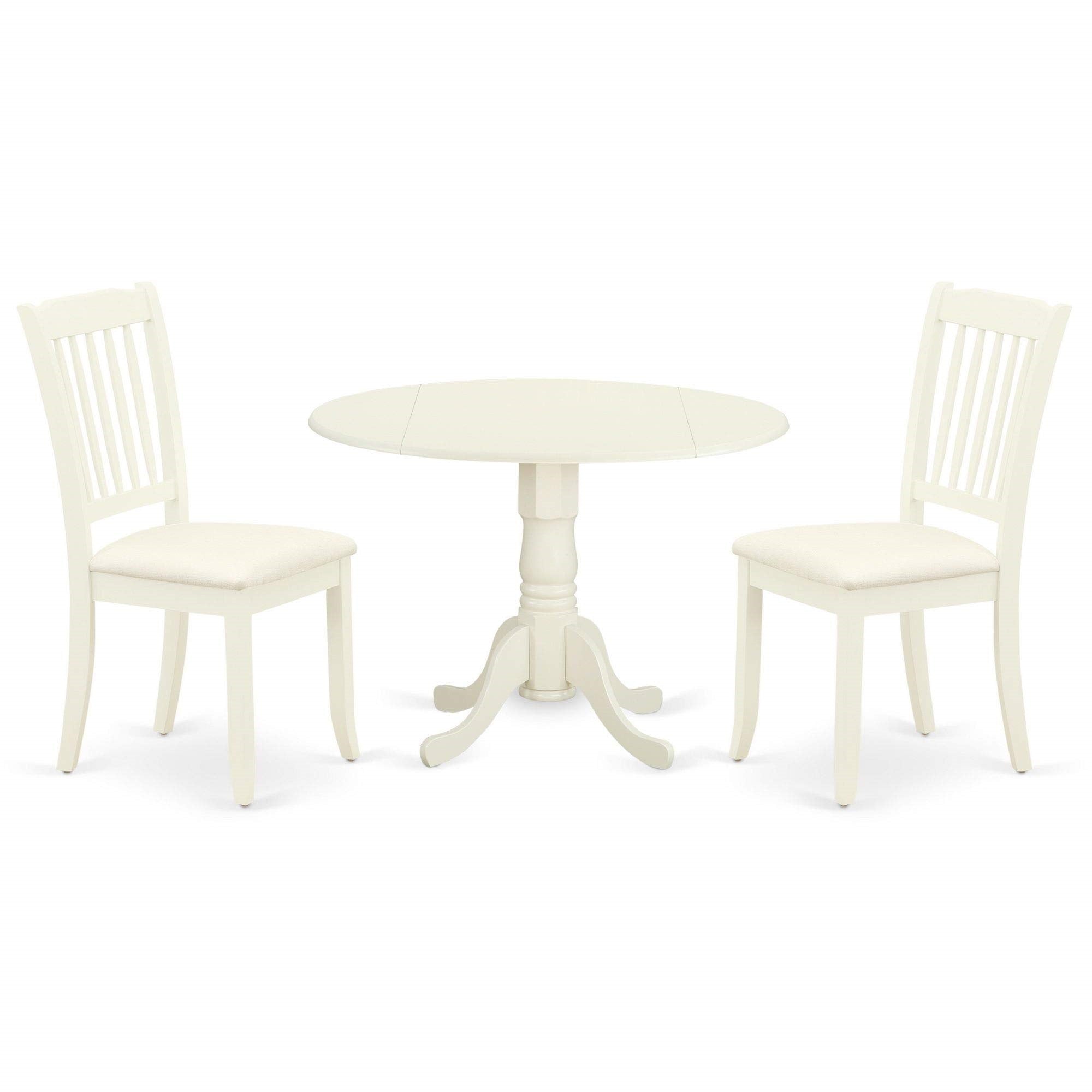 East West Furniture Dlda3-Whi-C Dublin 3 Piece Kitchen Set For Small Spaces Contains A Round Dining Room Table With Dropleaf And 2 Fabric Upholstered Chairs, 42X42 Inch, Linen White