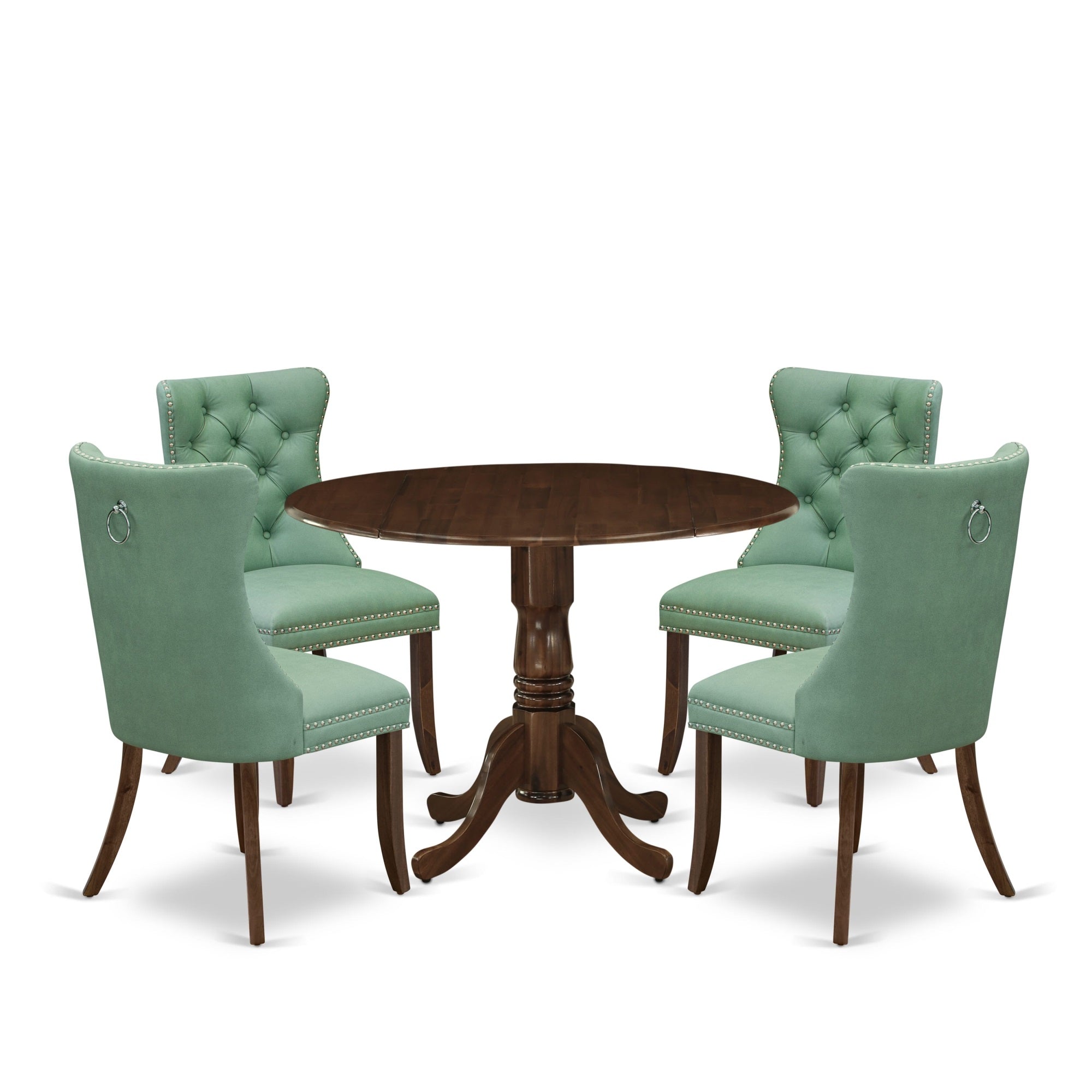 East West Furniture Dlda5-Awa-22 5 Piece Dining Table Set Consists Of A Round Kitchen Table With Dropleaf And 4 Upholstered Parson Chairs, 42X42 Inch, Antique Walnut