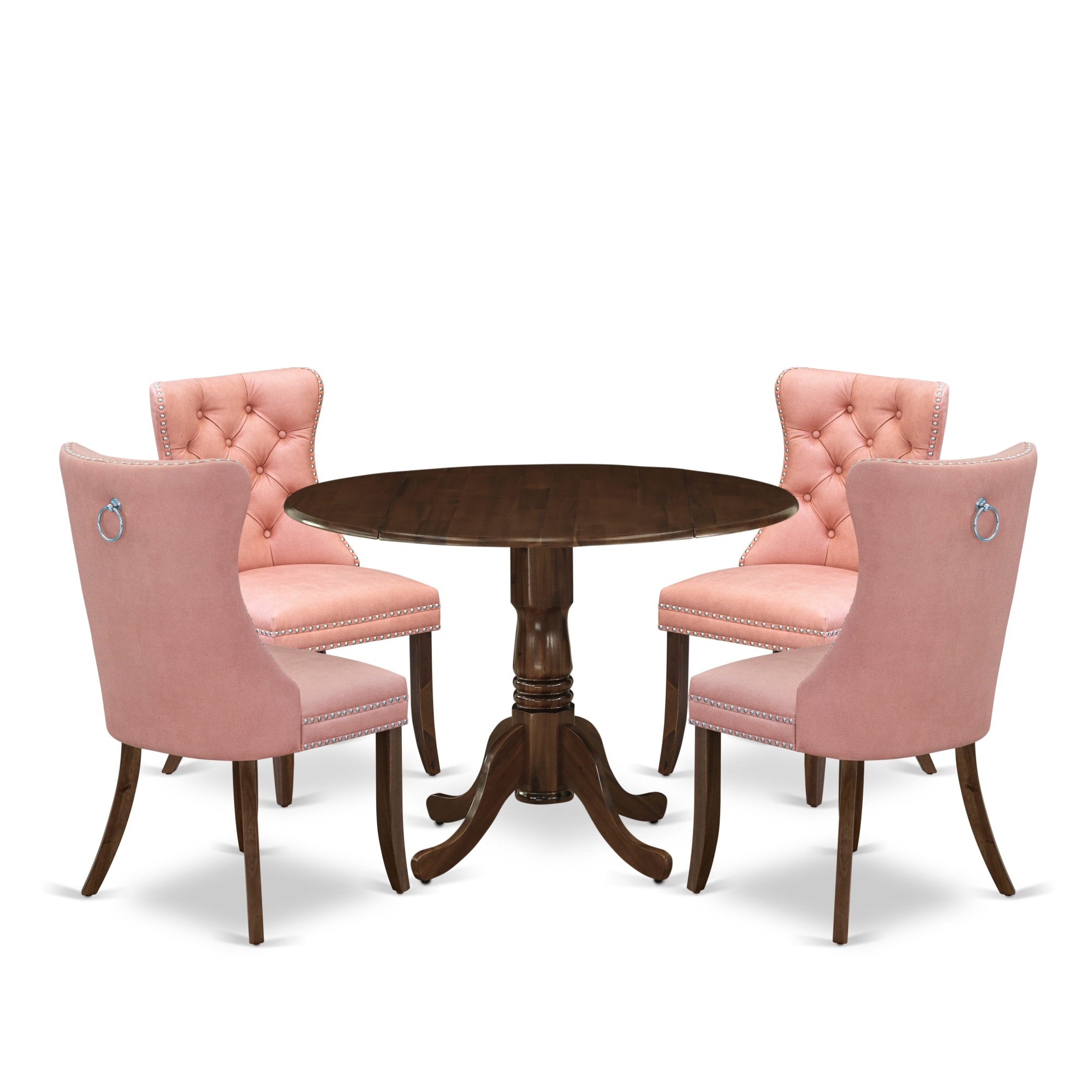 East West Furniture Dlda5-Awa-23 5 Piece Dining Room Furniture Set Includes A Round Kitchen Table With Dropleaf And 4 Upholstered Chairs, 42X42 Inch, Antique Walnut