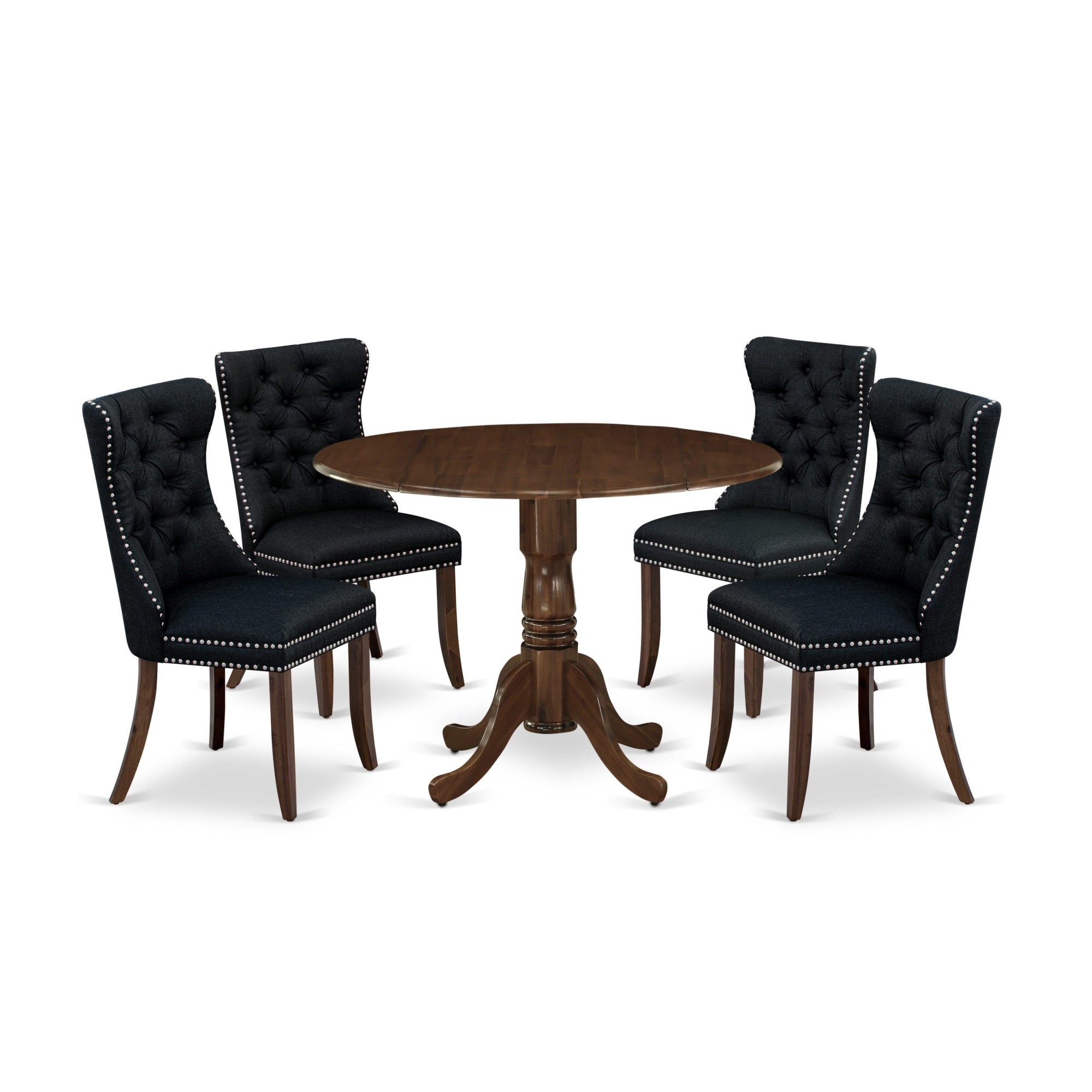 East West Furniture Dlda5-Awa-24 5 Piece Dining Room Table Set Contains A Round Solid Wood Table With Dropleaf And 4 Upholstered Chairs, 42X42 Inch, Antique Walnut