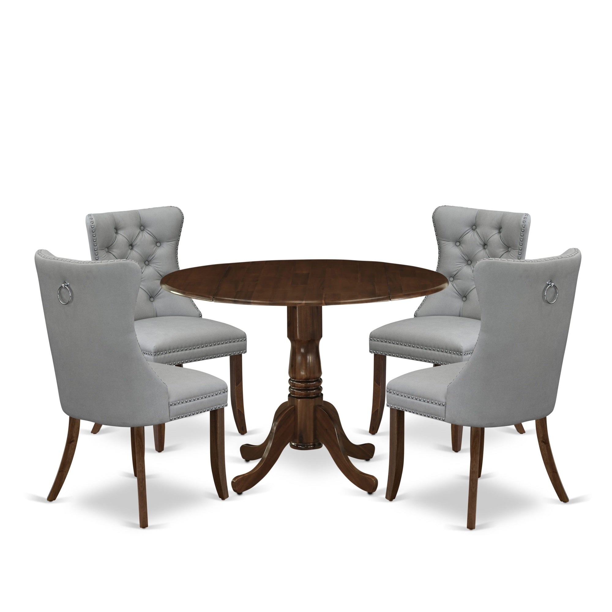 East West Furniture Dlda5-Awa-27 5 Piece Modern Dining Table Set Consists Of A Round Kitchen Table With Dropleaf And 4 Upholstered Chairs, 42X42 Inch, Antique Walnut