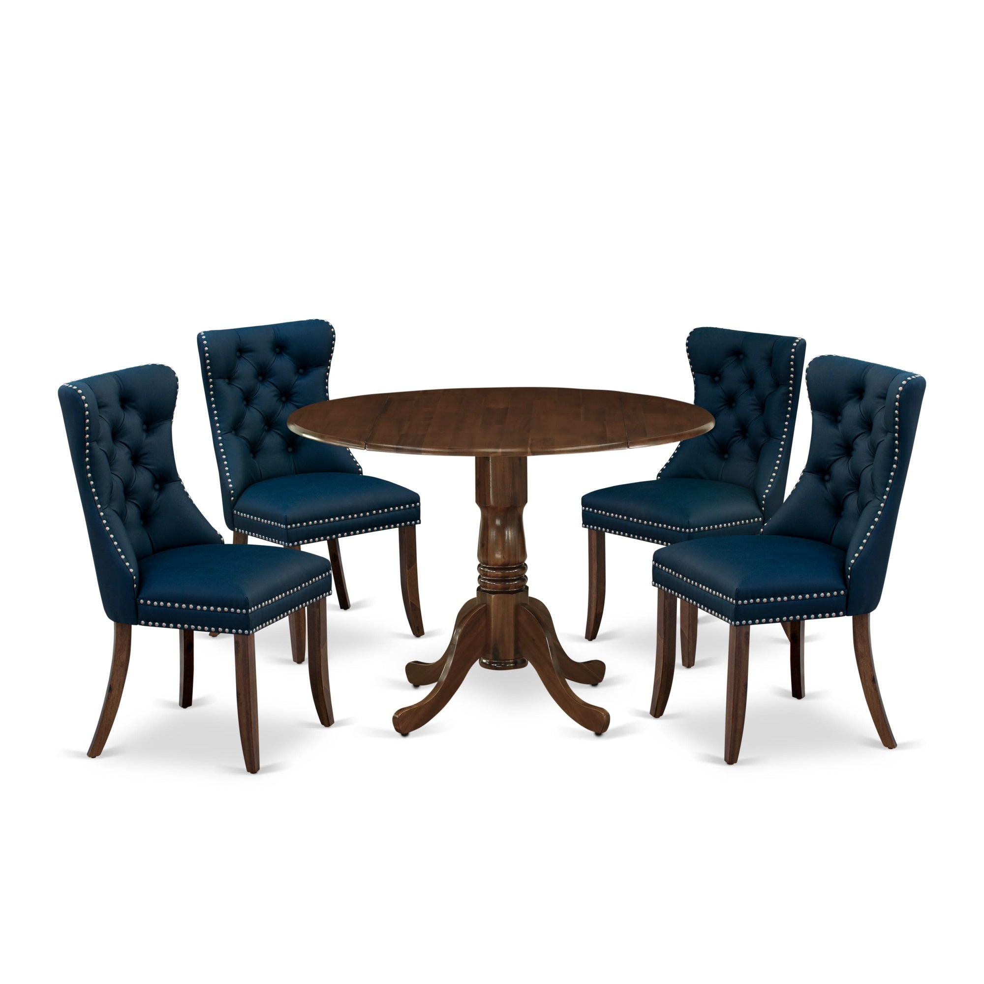East West Furniture Dlda5-Awa-29 5 Piece Kitchen Table & Chairs Set Includes A Round Dining Table With Dropleaf And 4 Upholstered Chairs, 42X42 Inch, Antique Walnut