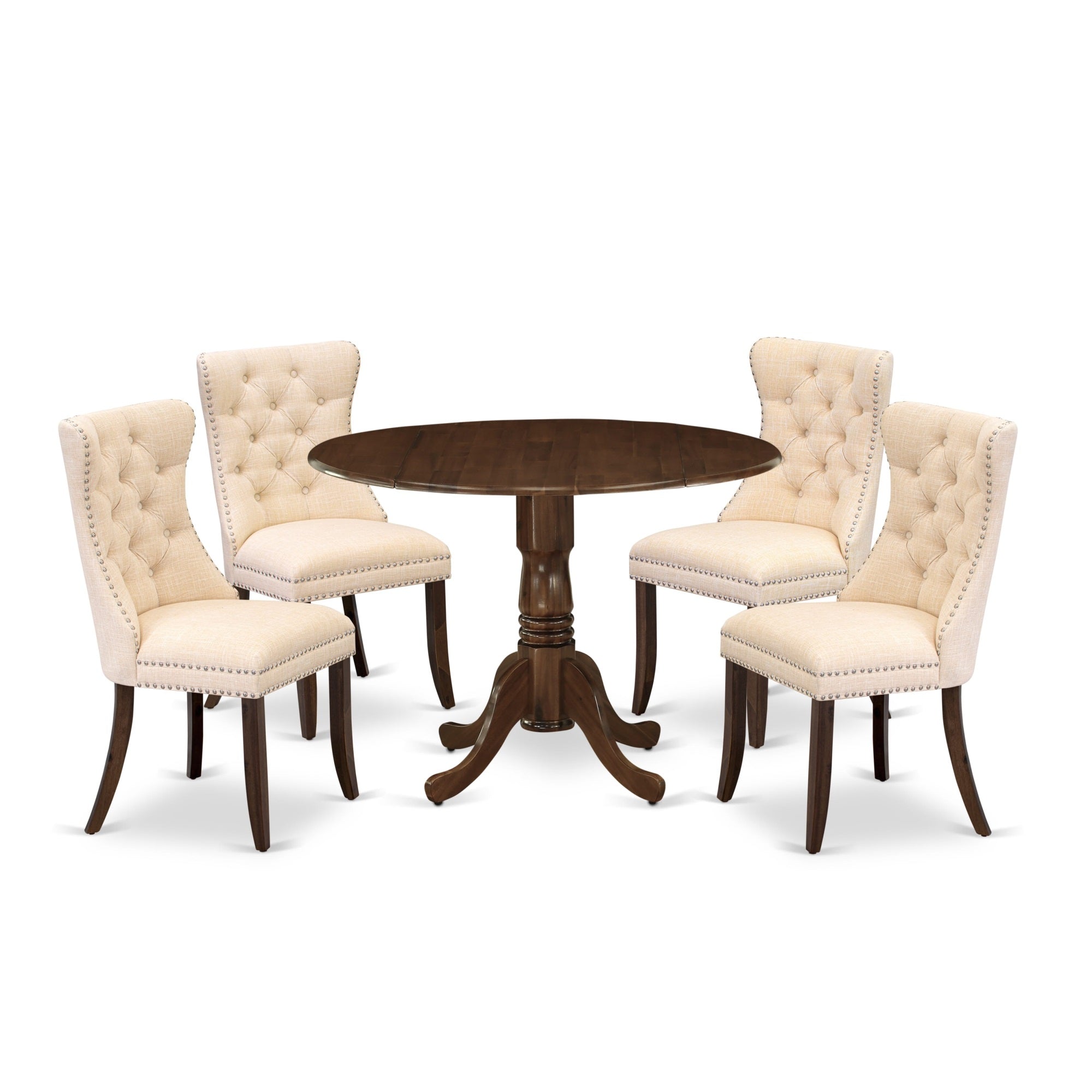 East West Furniture Dlda5-Awa-32 5 Piece Dining Room Furniture Set Consists Of A Round Kitchen Table With Dropleaf And 4 Padded Chairs, 42X42 Inch, Antique Walnut