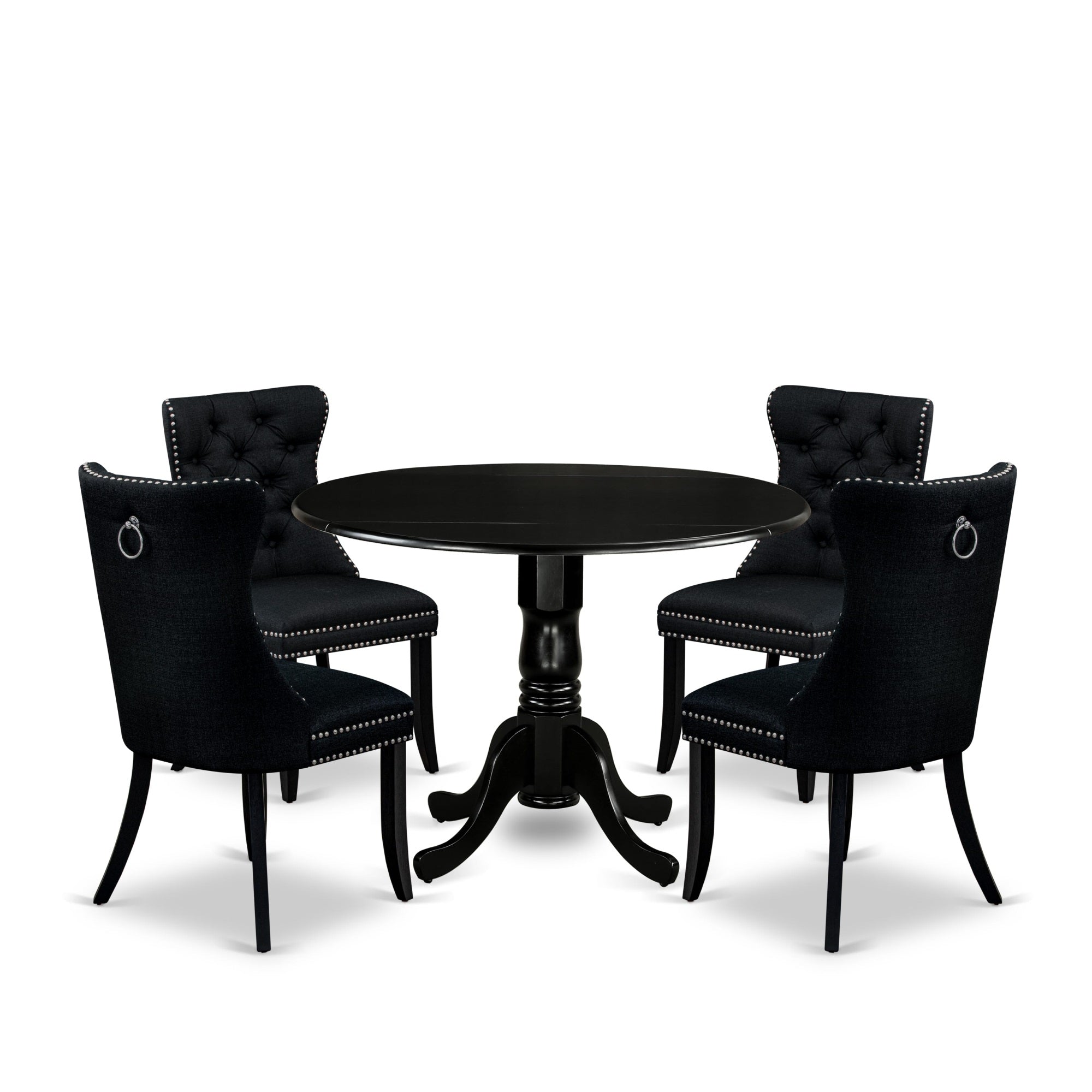 East West Furniture Dlda5-Blk-24 5 Piece Dining Room Table Set Contains A Round Solid Wood Table With Dropleaf And 4 Padded Chairs, 42X42 Inch, Black