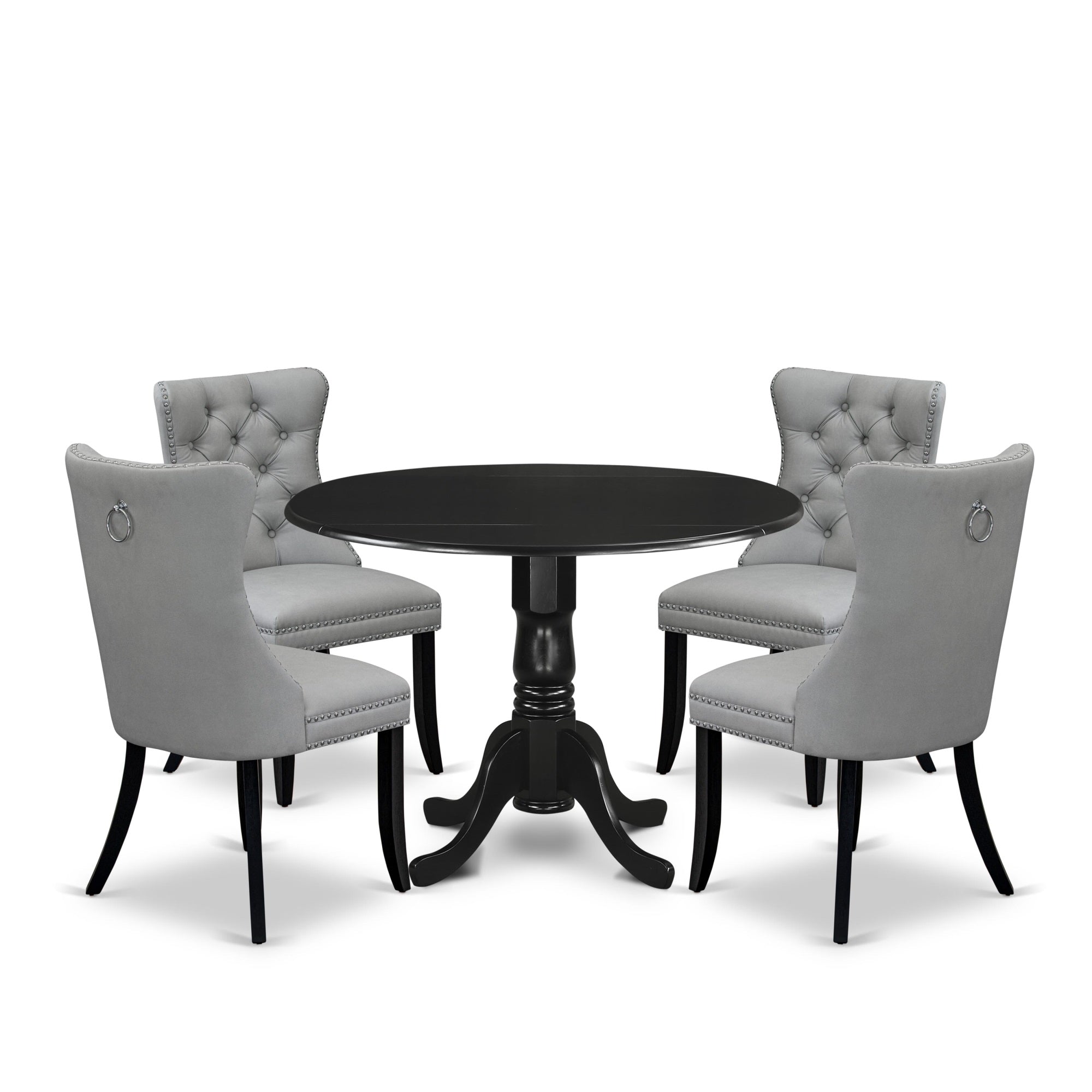 East West Furniture Dlda5-Blk-27 5 Piece Dining Table Set Includes A Round Solid Wood Table With Dropleaf And 4 Upholstered Chairs, 42X42 Inch, Black