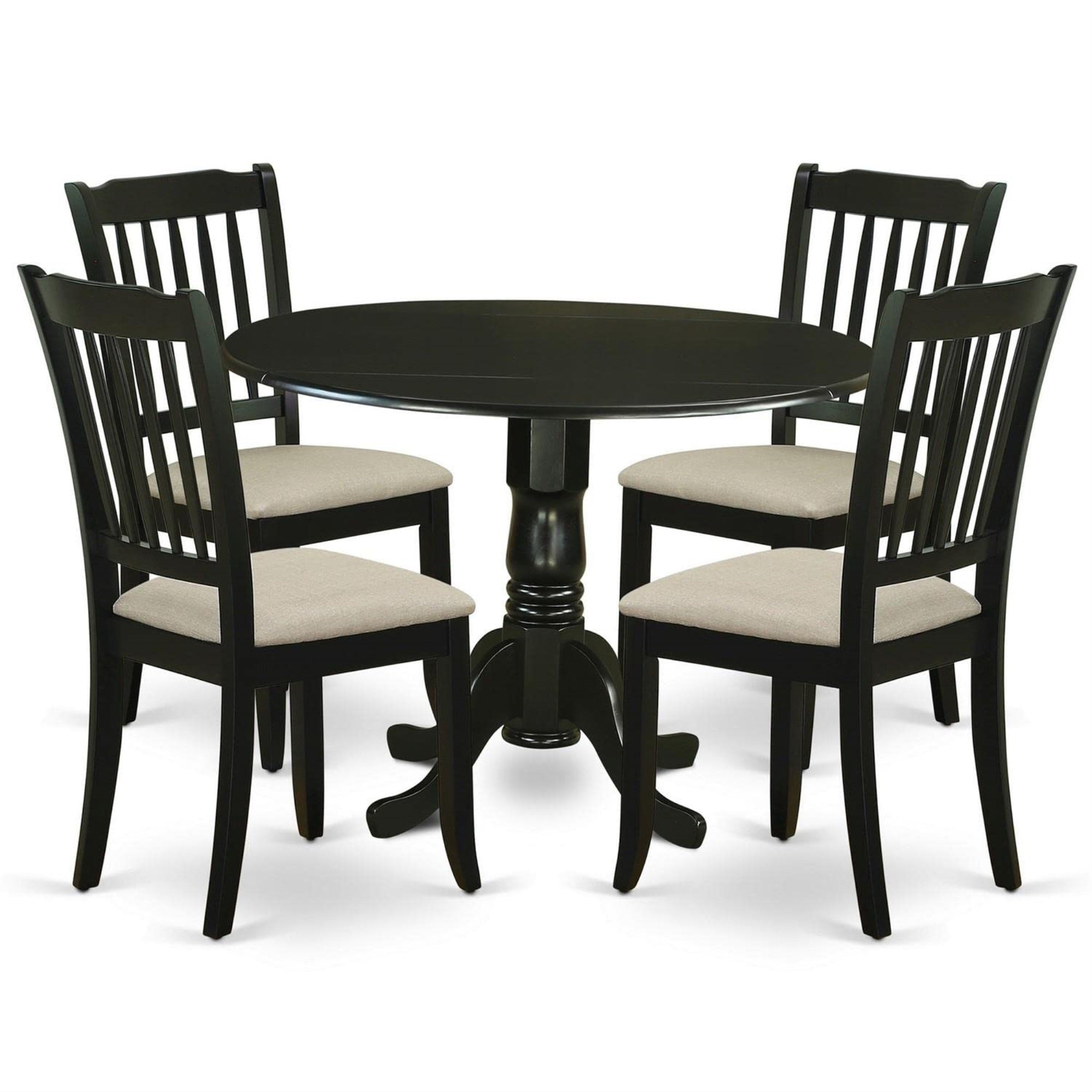 Casafoyer Dlda5-Blk-C 5 Piece Dining Table Set For 4 Includes A Round Kitchen Table With Dropleaf And 4 Linen Fabric Upholstered Dinette Chairs, 42X42 Inch, Black