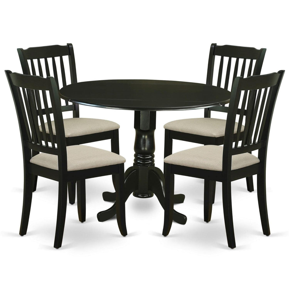 Casafoyer Dlda5-Blk-C 5 Piece Dining Table Set For 4 Includes A Round Kitchen Table With Dropleaf And 4 Linen Fabric Upholstered Dinette Chairs, 42X42 Inch, Black