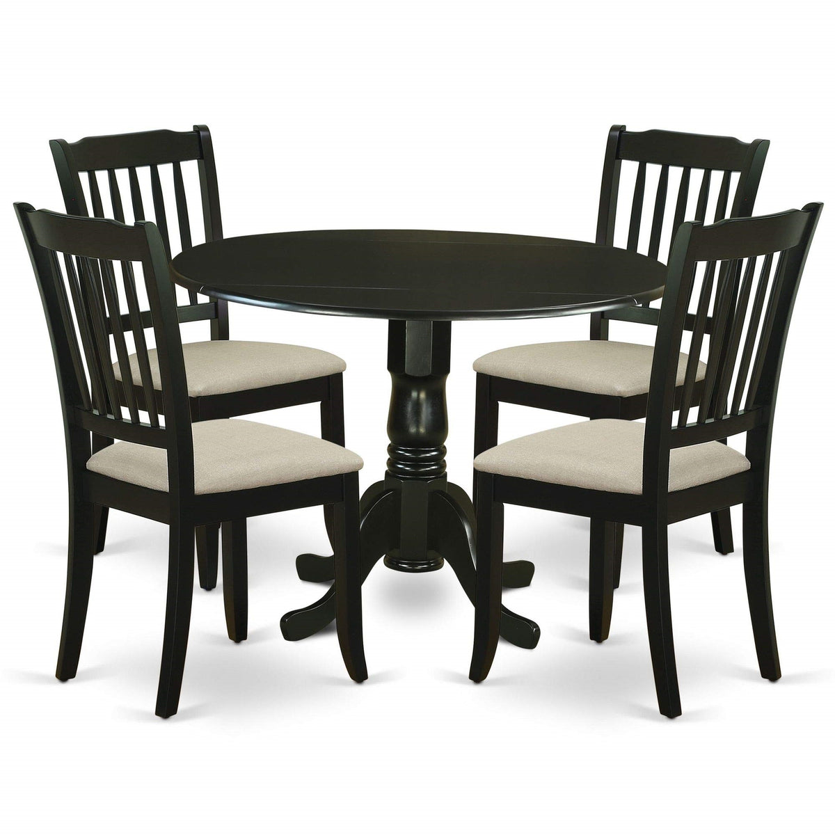 Ergode Dlda5-Blk-C Dublin 5 Piece Dining Set, Round Kitchen Table With Dropleaf, 4 Linen Fabric Upholstered Chairs, 42X42 Inch, Black