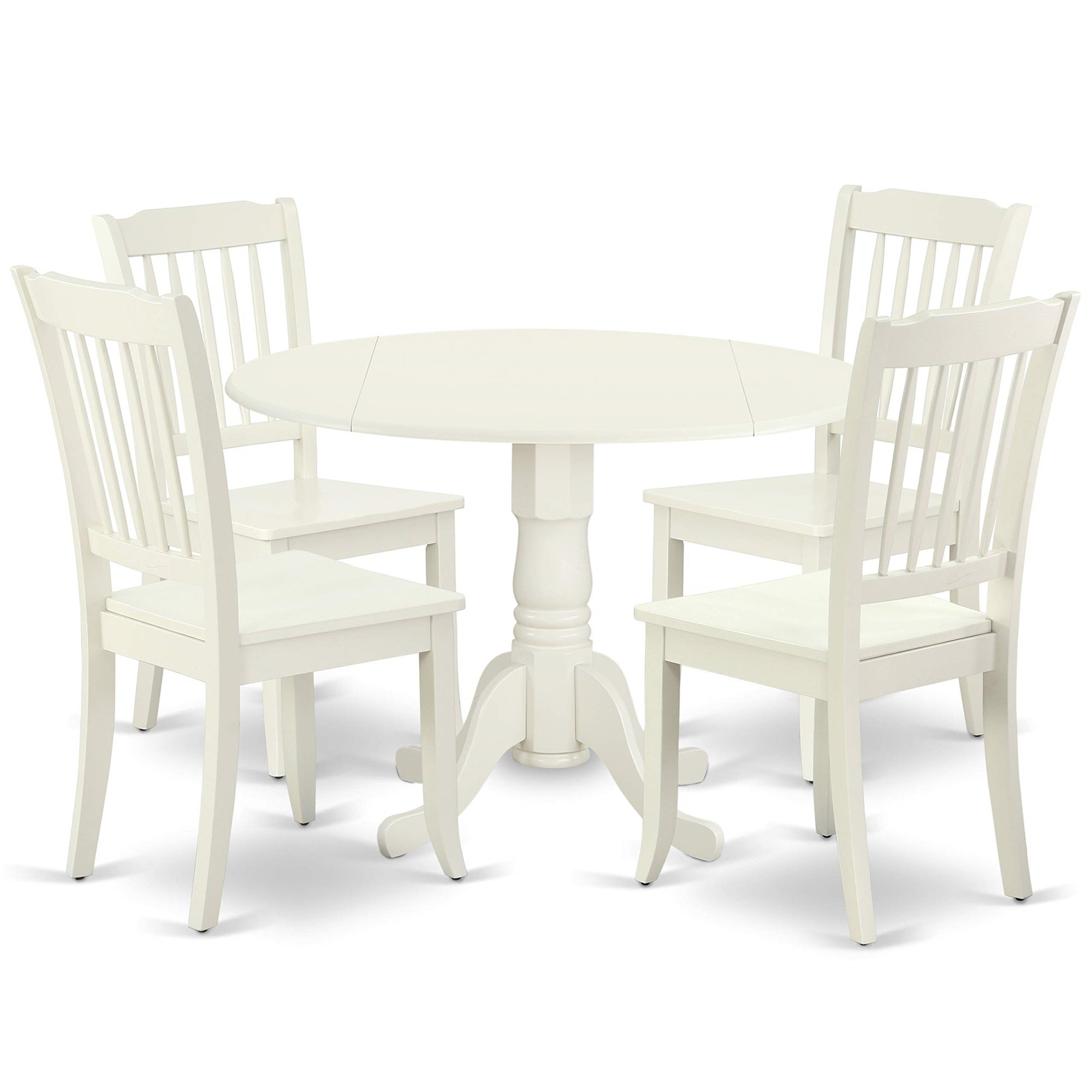 Ergode Dlda5-Lwh-W 5-Piece Kitchen Table Set, Round Table With Dropleaf, 4 Dining Chairs, Linen White, Sturdy Asian Hardwood, Compact Size, 42X42 Inch