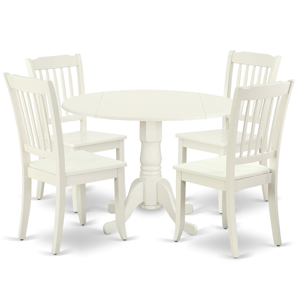 Ergode Dlda5-Lwh-W 5-Piece Kitchen Table Set, Round Table With Dropleaf, 4 Dining Chairs, Linen White, Sturdy Asian Hardwood, Compact Size, 42X42 Inch