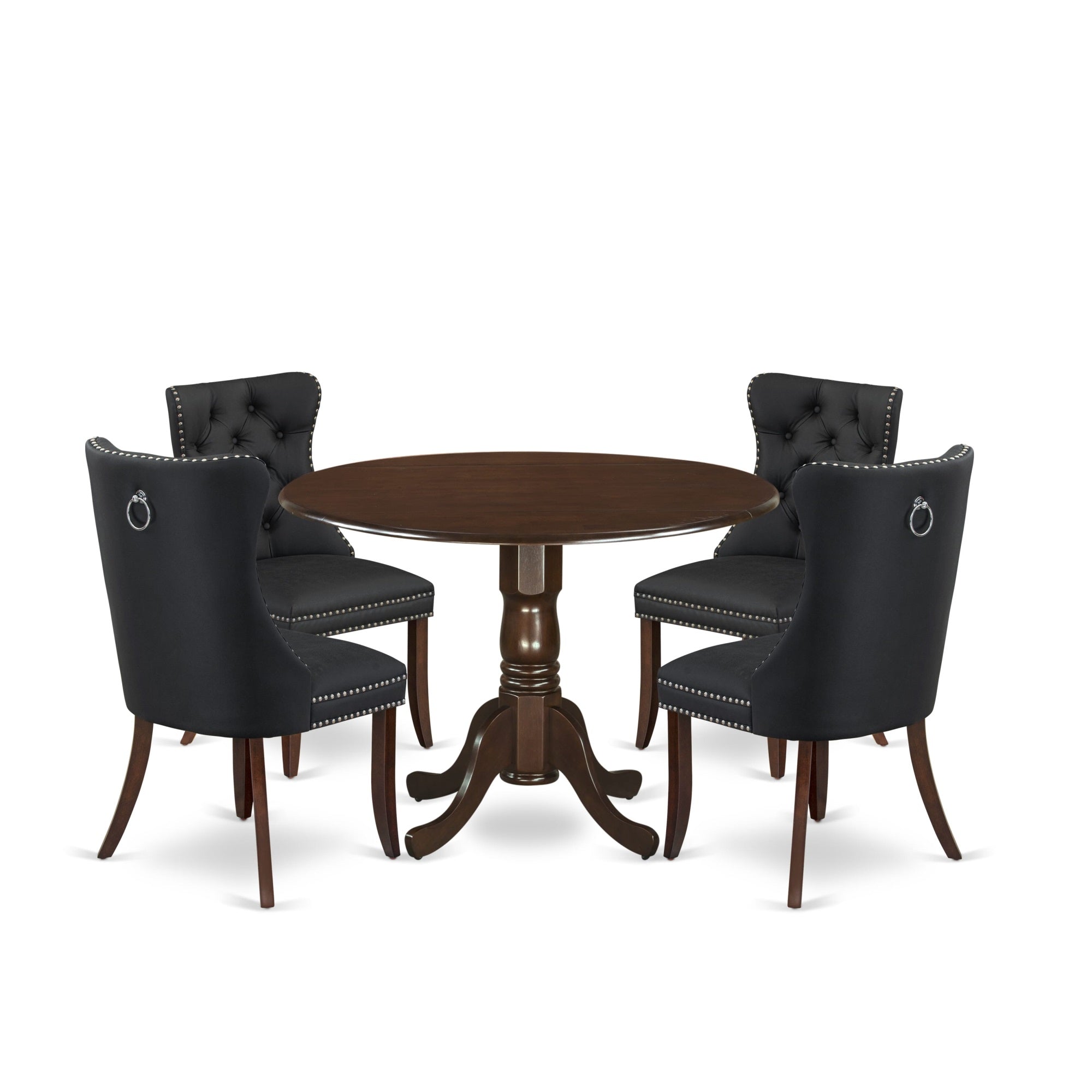 East West Furniture Dlda5-Mah-12 5 Piece Dining Room Set Consists Of A Round Kitchen Table With Dropleaf And 4 Upholstered Parson Chairs, 42X42 Inch, Mahogany