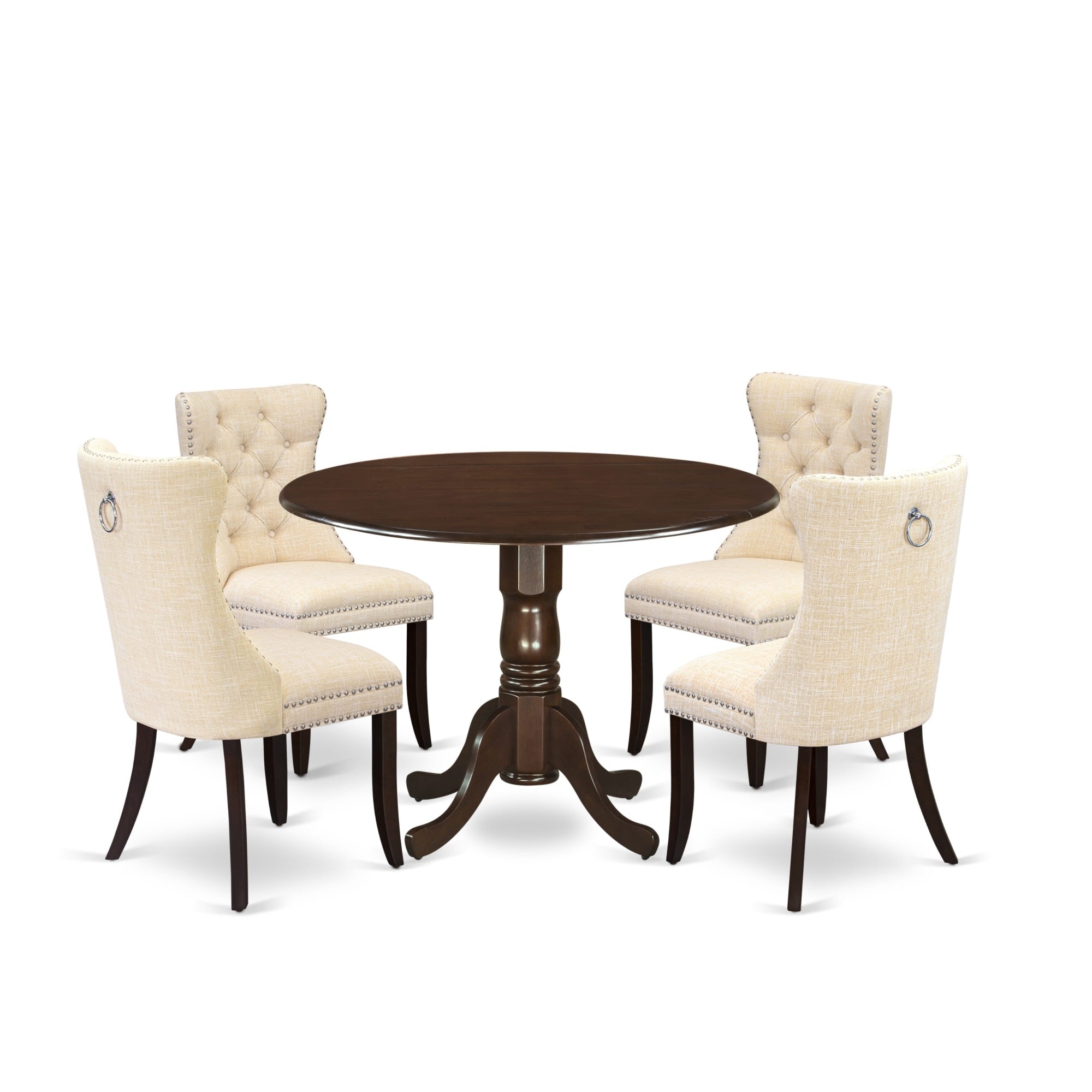 East West Furniture Dlda5-Mah-32 5 Piece Kitchen Table Set Contains A Round Dining Table With Dropleaf And 4 Upholstered Chairs, 42X42 Inch, Mahogany