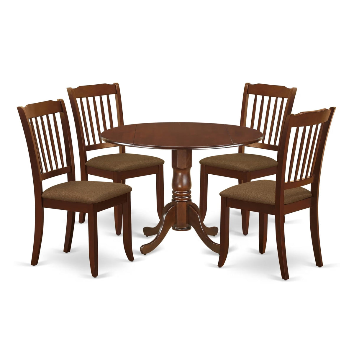 Casafoyer Dlda5-Mah-C Dublin 5 Piece Kitchen Set For 4 Includes A Round Room Table With Dropleaf And 4 Linen Fabric Upholstered Dining Chairs, 42X42 Inch, Mahogany