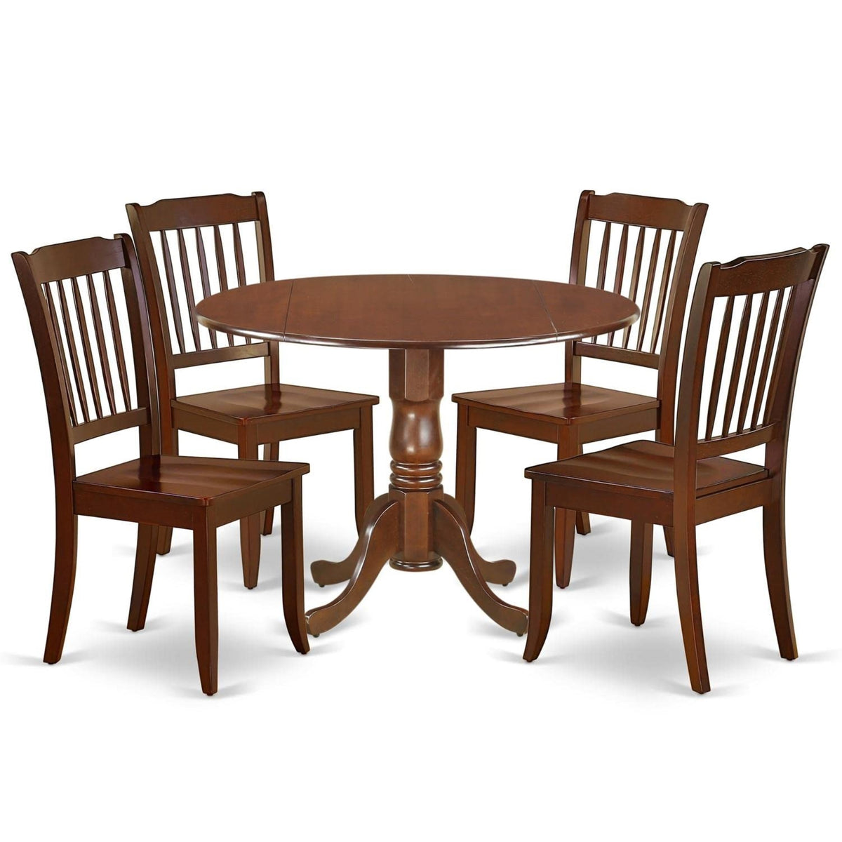 Casafoyer Dlda5-Mah-W Dublin 5 Piece Set Includes A Round Dining Room Table With Dropleaf And 4 Wood Seat Chairs, 42X42 Inch, Mahogany