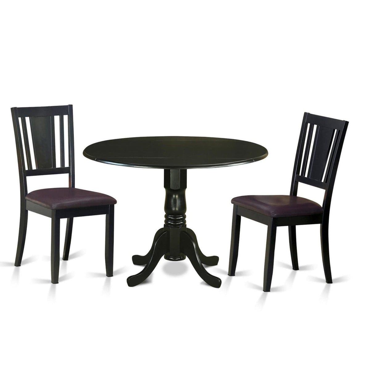 Casafoyer Dublin 3 Piece Room Furniture Set Contains A Round Kitchen Table With Dropleaf And 2 Faux Leather Upholstered Dining Chairs, 42X42 Inch, Dldu3-Blk-Lc