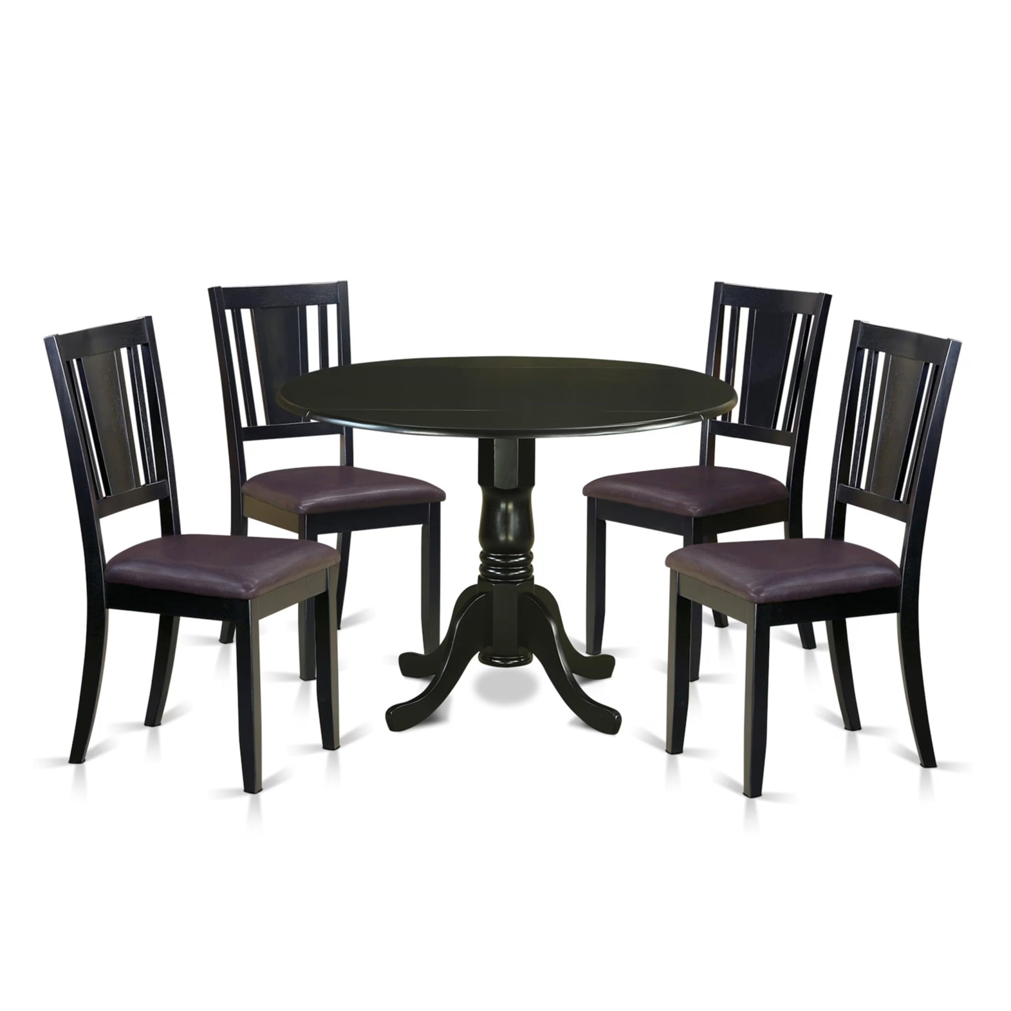 Casafoyer Dublin 5 Piece Modern Set Includes A Round Wooden Table With Dropleaf And 4 Faux Leather Kitchen Dining Chairs, 42X42 Inch, Dldu5-Blk-Lc