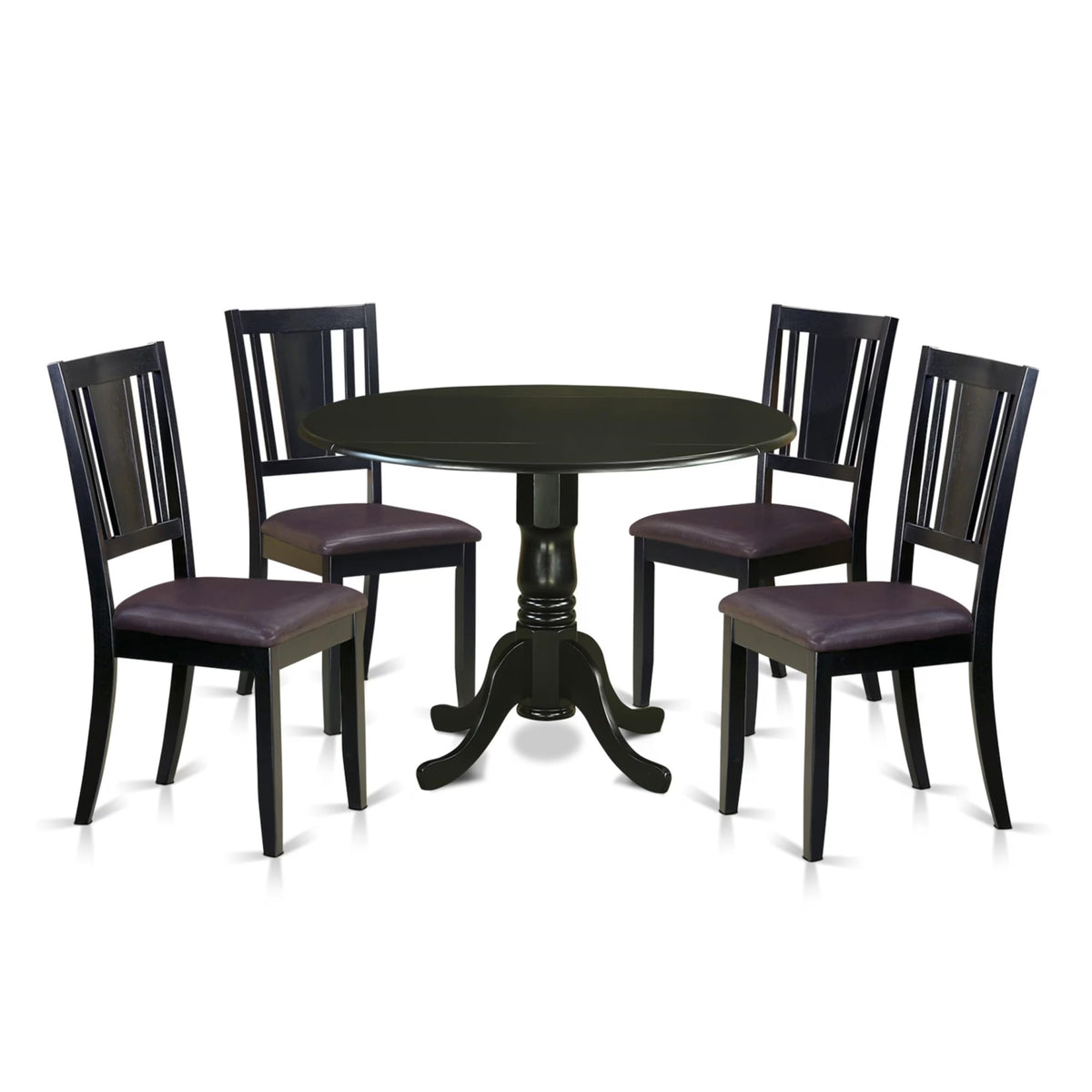 Casafoyer Dublin 5 Piece Modern Set Includes A Round Wooden Table With Dropleaf And 4 Faux Leather Kitchen Dining Chairs, 42X42 Inch, Dldu5-Blk-Lc