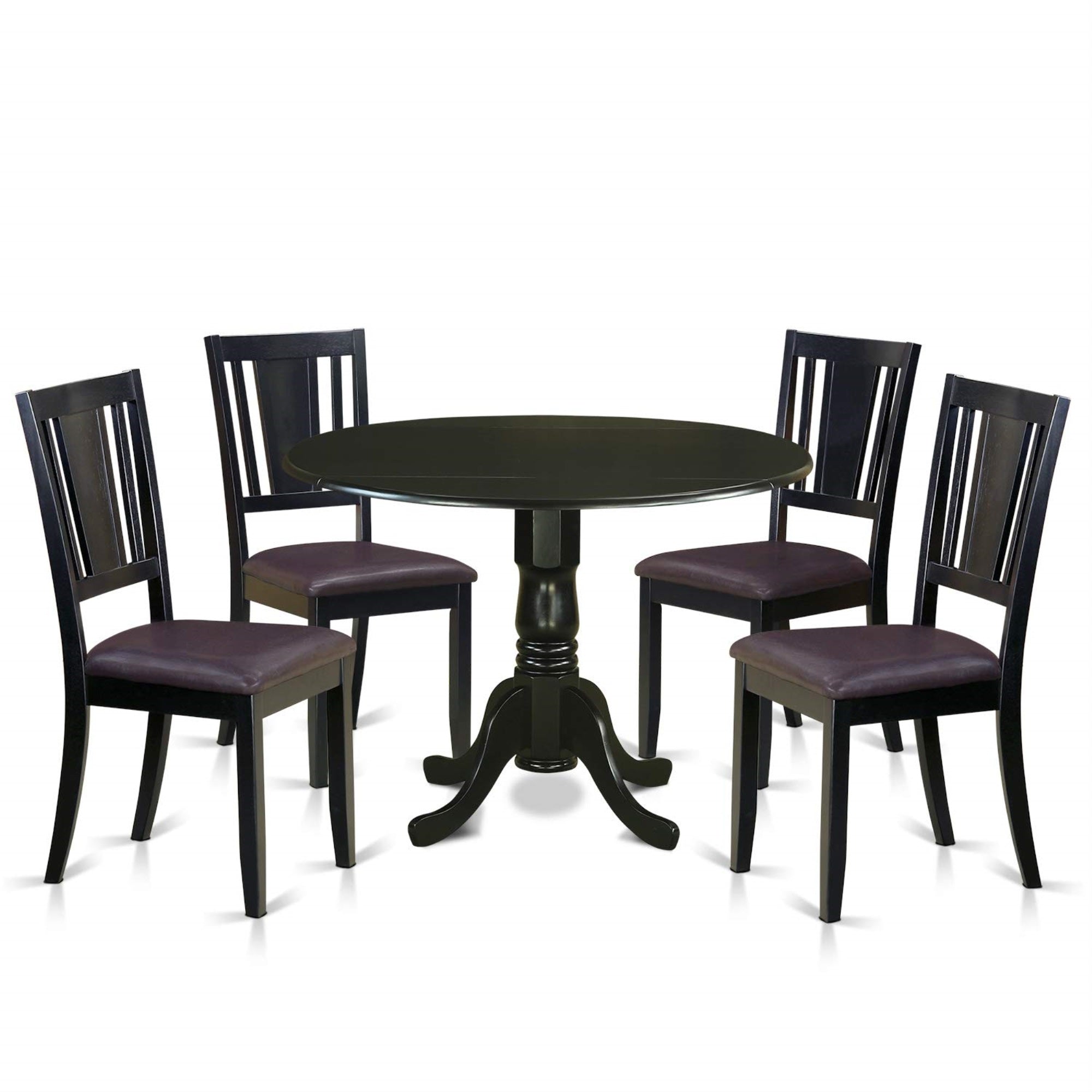 Ergode Dldu5-Blk-Lc, Dublin 5 Piece Kitchen Table Set, Round Wooden Table With Dropleaf, 4 Faux Leather Dining Chairs, 42X42 Inch