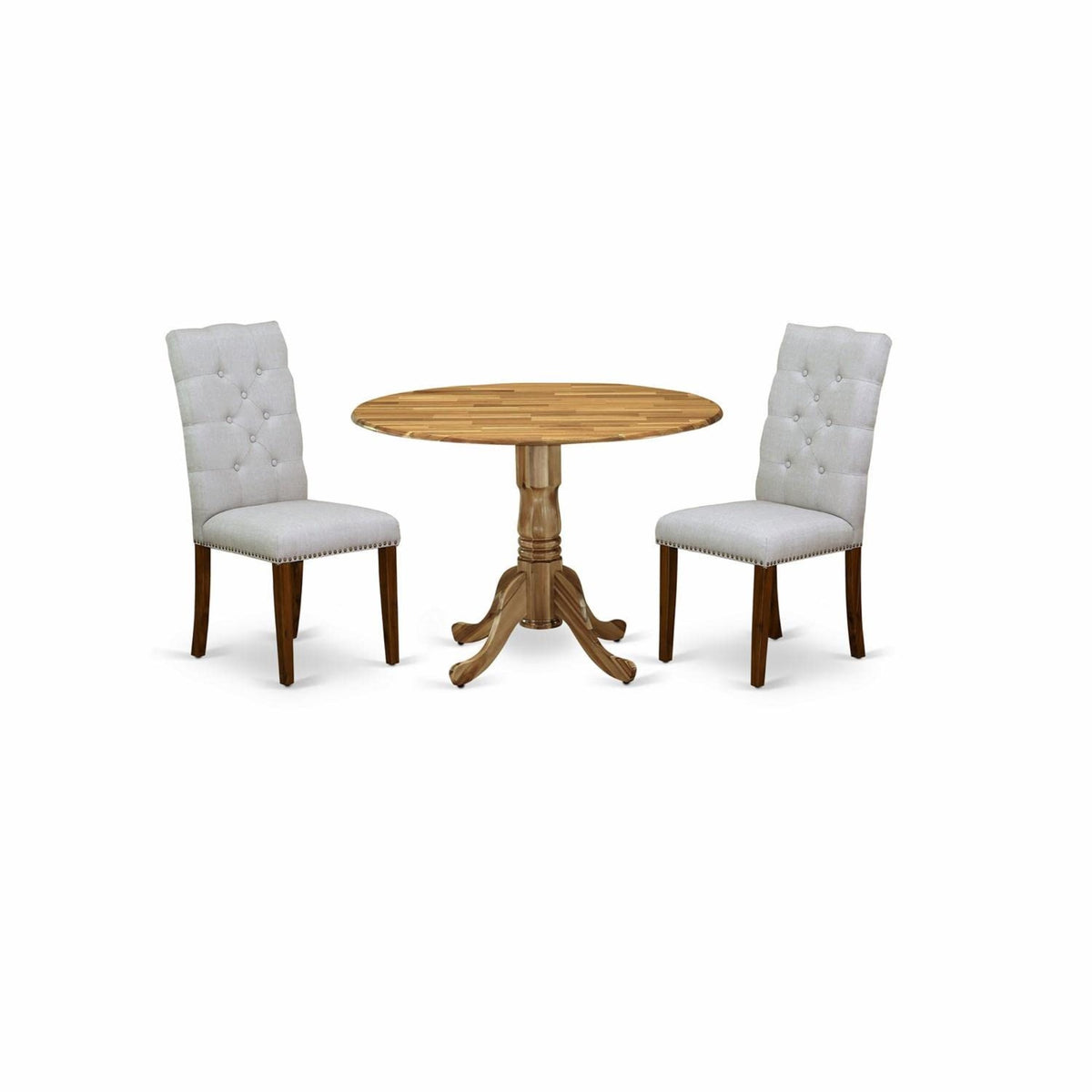 Casafoyer Dlel3-Ana-05 3 Piece Modern Dining Table Set Contains A Round Wooden Table With Dropleaf And 2 Grey Linen Fabric Parsons Dining Chairs, 42X42 Inch, Natural