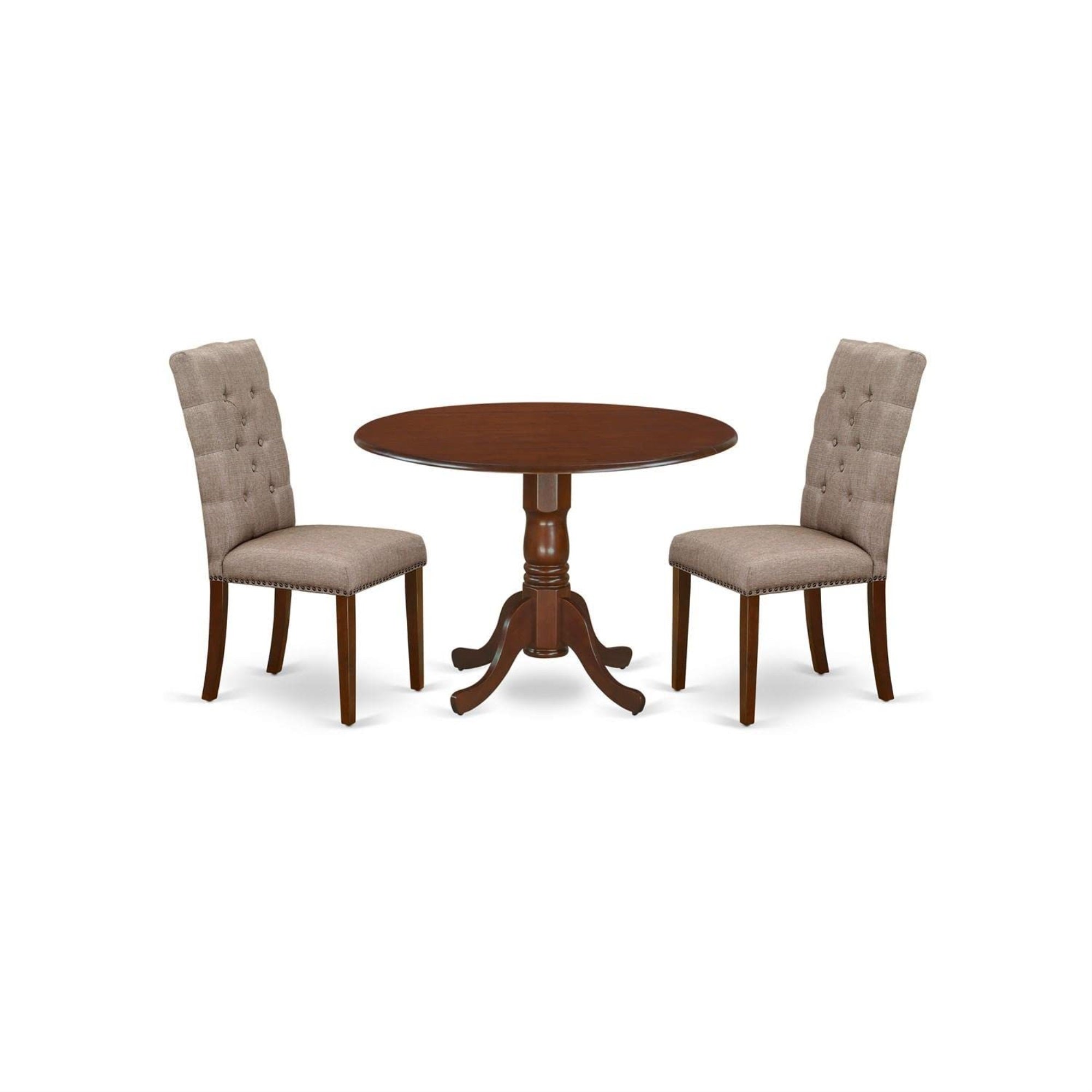 Casafoyer Dlel3-Mah-16 3 Piece Kitchen Table Set Contains A Round Dining Room Table With Dropleaf And 2 Dark Khaki Linen Fabric Upholstered Chairs, 42X42 Inch, Mahogany