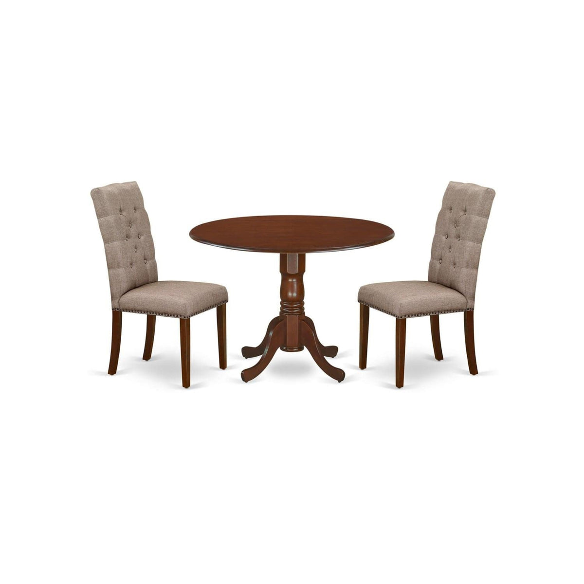 Casafoyer Dlel3-Mah-16 3 Piece Kitchen Table Set Contains A Round Dining Room Table With Dropleaf And 2 Dark Khaki Linen Fabric Upholstered Chairs, 42X42 Inch, Mahogany