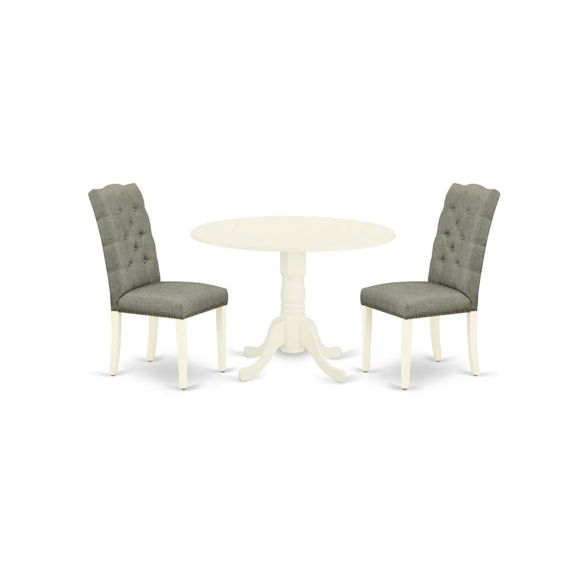 Casafoyer Dlel3-Whi-07 3 Piece Modern Dining Table Set Contains A Round Wooden Table With Dropleaf And 2 Gray Linen Fabric Parson Dining Room Chairs, 42X42 Inch, Linen White
