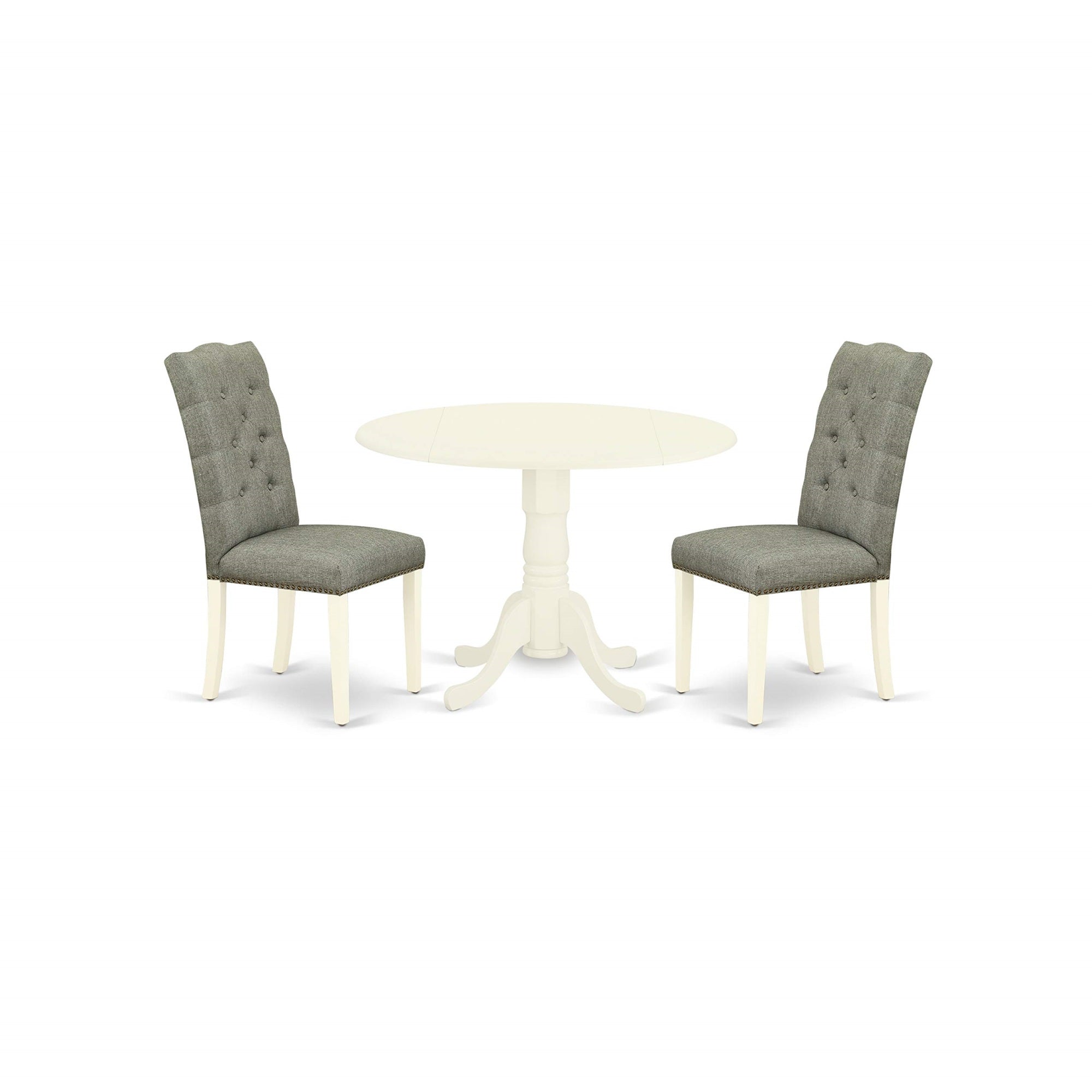 East West Furniture Dublin 3 Piece Modern Set Contains A Round Wooden Table With Dropleaf And 2 Gray Linen Fabric Parson Dining Room Chairs, 42X42 Inch, Dlel3-Whi-07